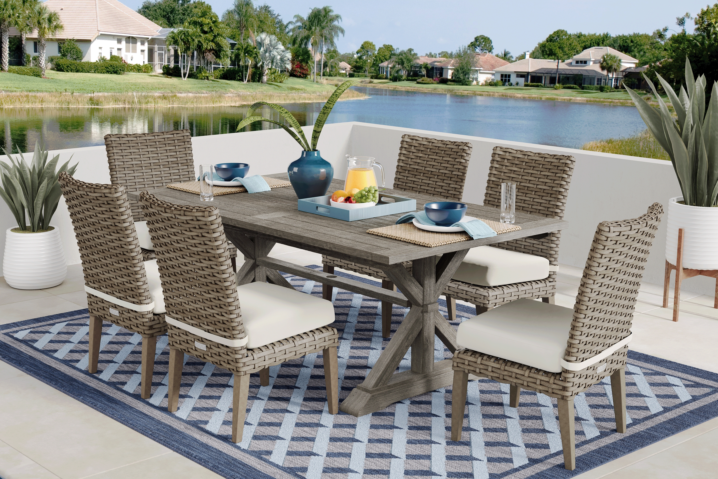Siesta Key Gray 7 Pc Rectangle Outdoor Dining Set with Linen Cushions - Thumbnail - Image 1