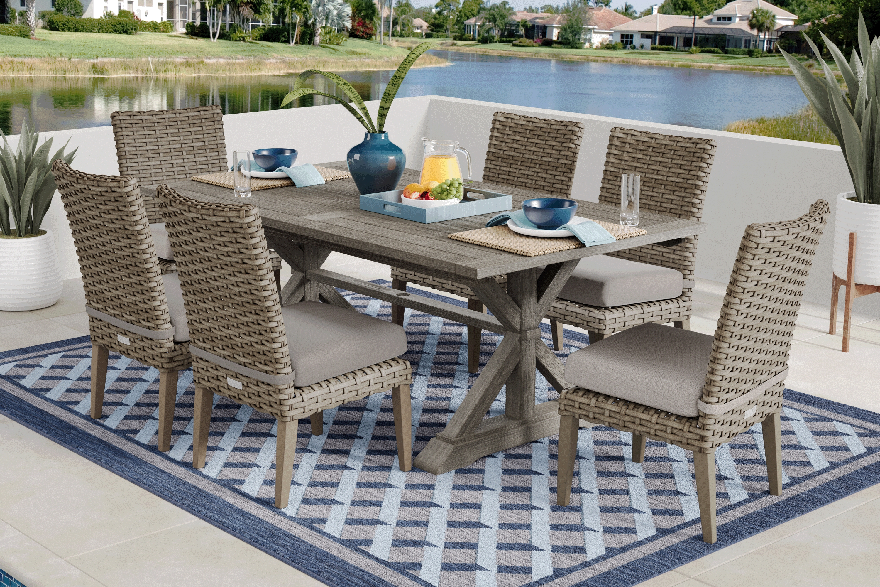 Siesta Key Gray 7 Pc Rectangle Outdoor Dining Set with Twine Cushions - Thumbnail - Image 1