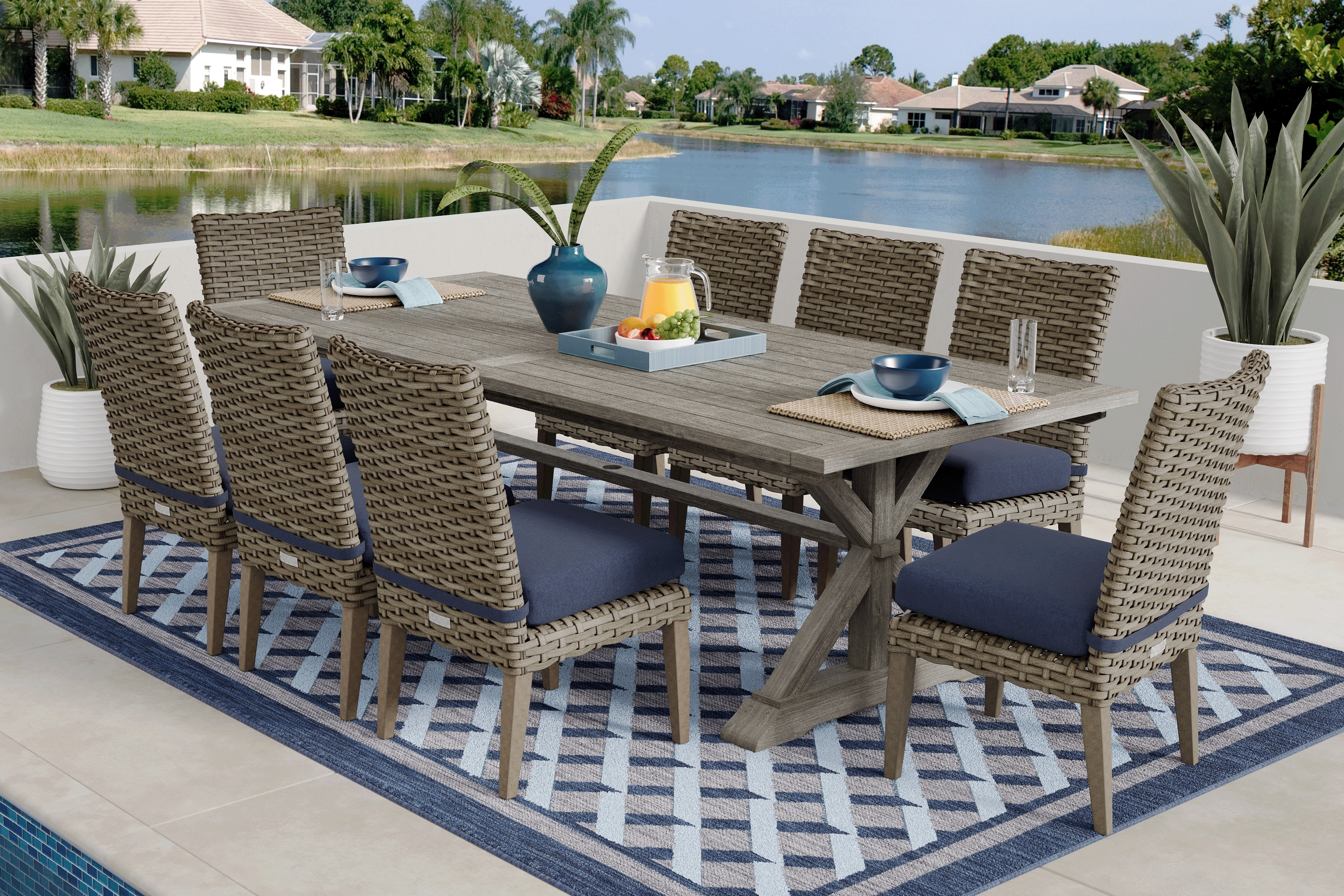 Siesta Key Gray 9 Pc Rectangle Outdoor Dining Set with Indigo Cushions - Thumbnail - Image 1
