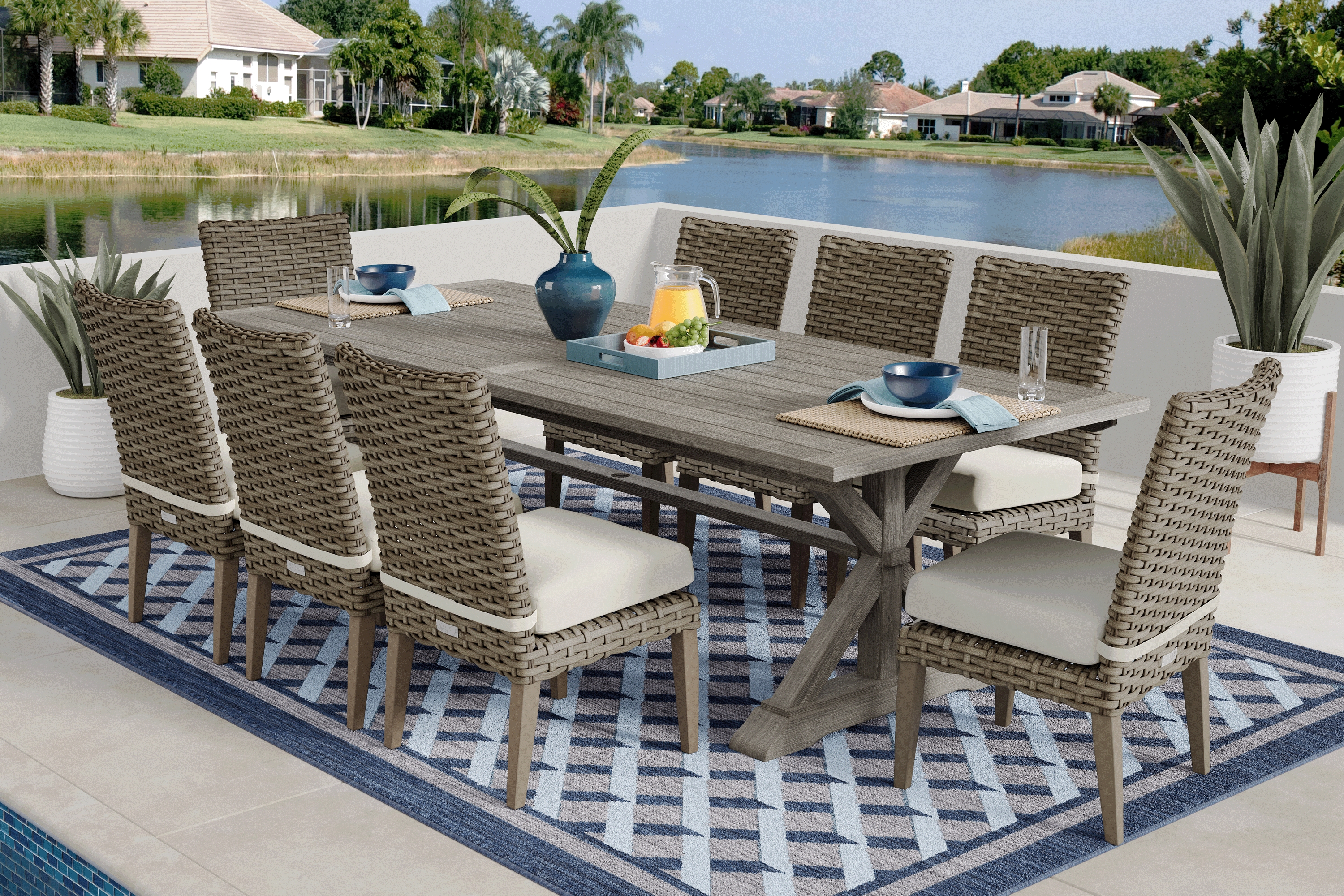 Siesta Key Gray 9 Pc Rectangle Outdoor Dining Set with Linen Cushions - Thumbnail - Image 1