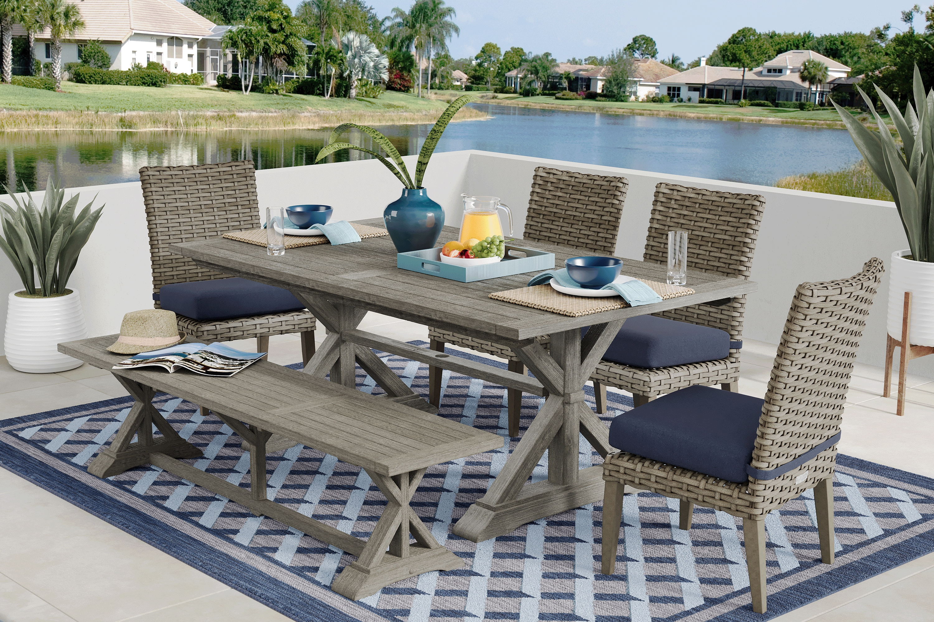Siesta Key Gray 6 Pc Rectangle Outdoor Dining Set with Indigo Cushions - Thumbnail - Image 1