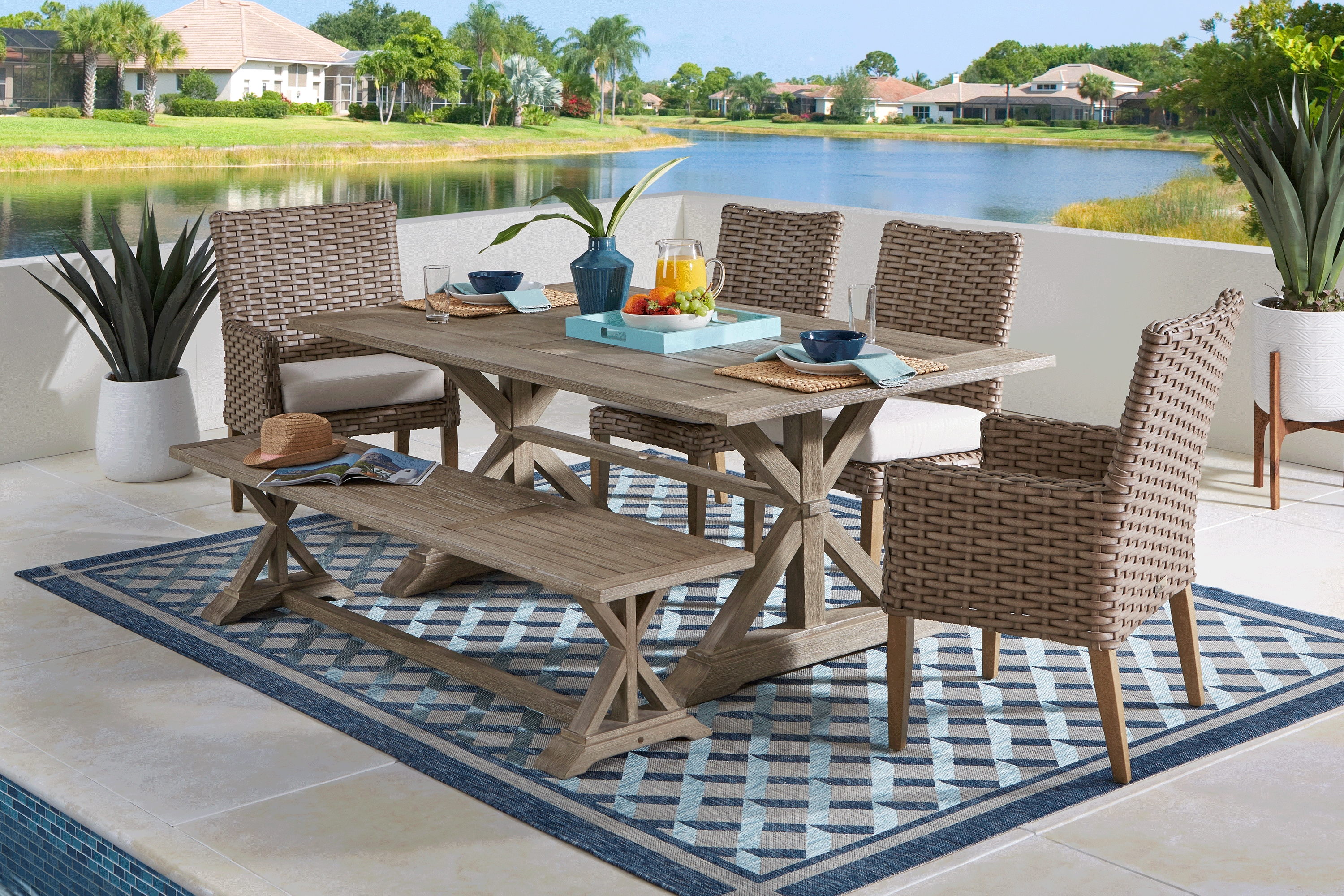 Siesta Key Light Wood 6 Pc 76 in. Rectangle Outdoor Dining Set with Linen Cushions - Thumbnail - Image 1