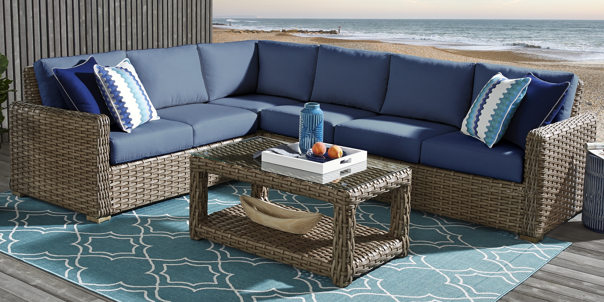 Siesta Key Driftwood 5 Pc Outdoor Seating Set with Indigo Cushions - Thumbnail - Image 1
