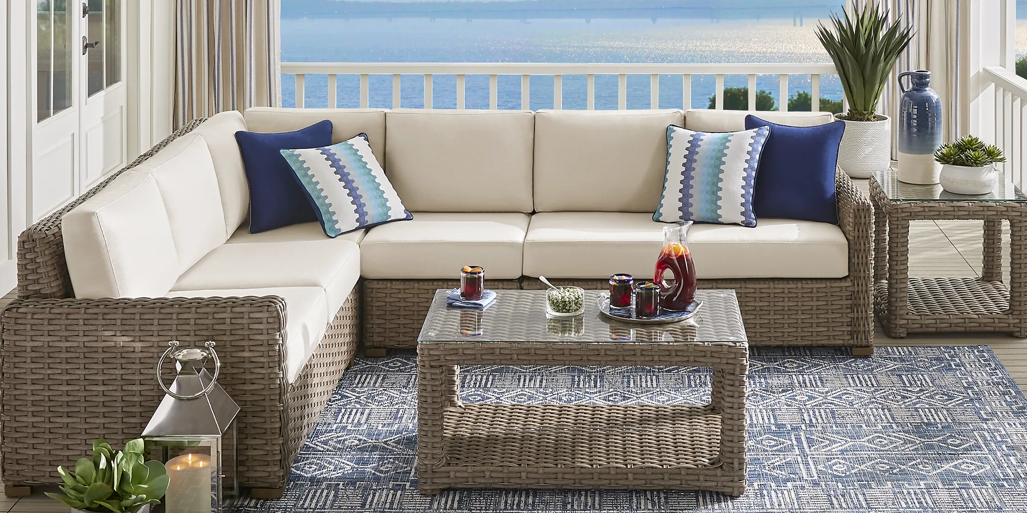Siesta Key Driftwood 5 Pc Outdoor Seating Set with Linen Cushions - Thumbnail - Image 1