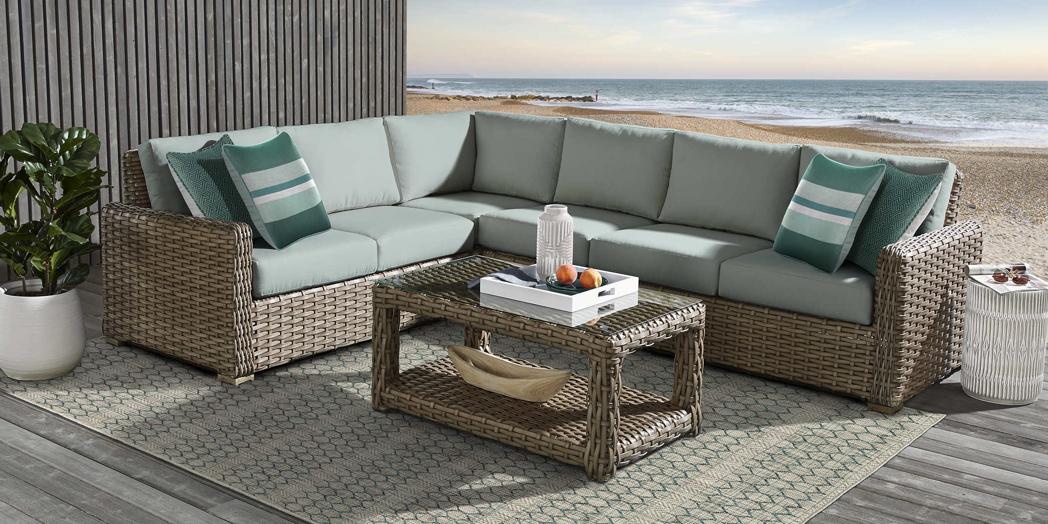 Siesta Key Driftwood 5 Pc Outdoor Seating Set with Moss Cushions - Thumbnail - Image 1