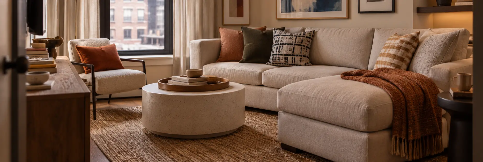 A modern living room featuring a beige sectional sofa, a round stone coffee table, and an accent chair with orange pillows.