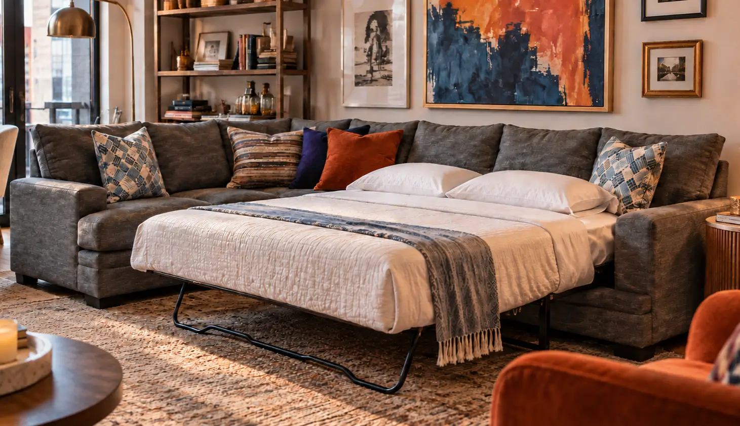 A dark gray sectional sofa with a pull-out bed, featuring white bedding, decorative pillows, and a blue patterned throw blanket.