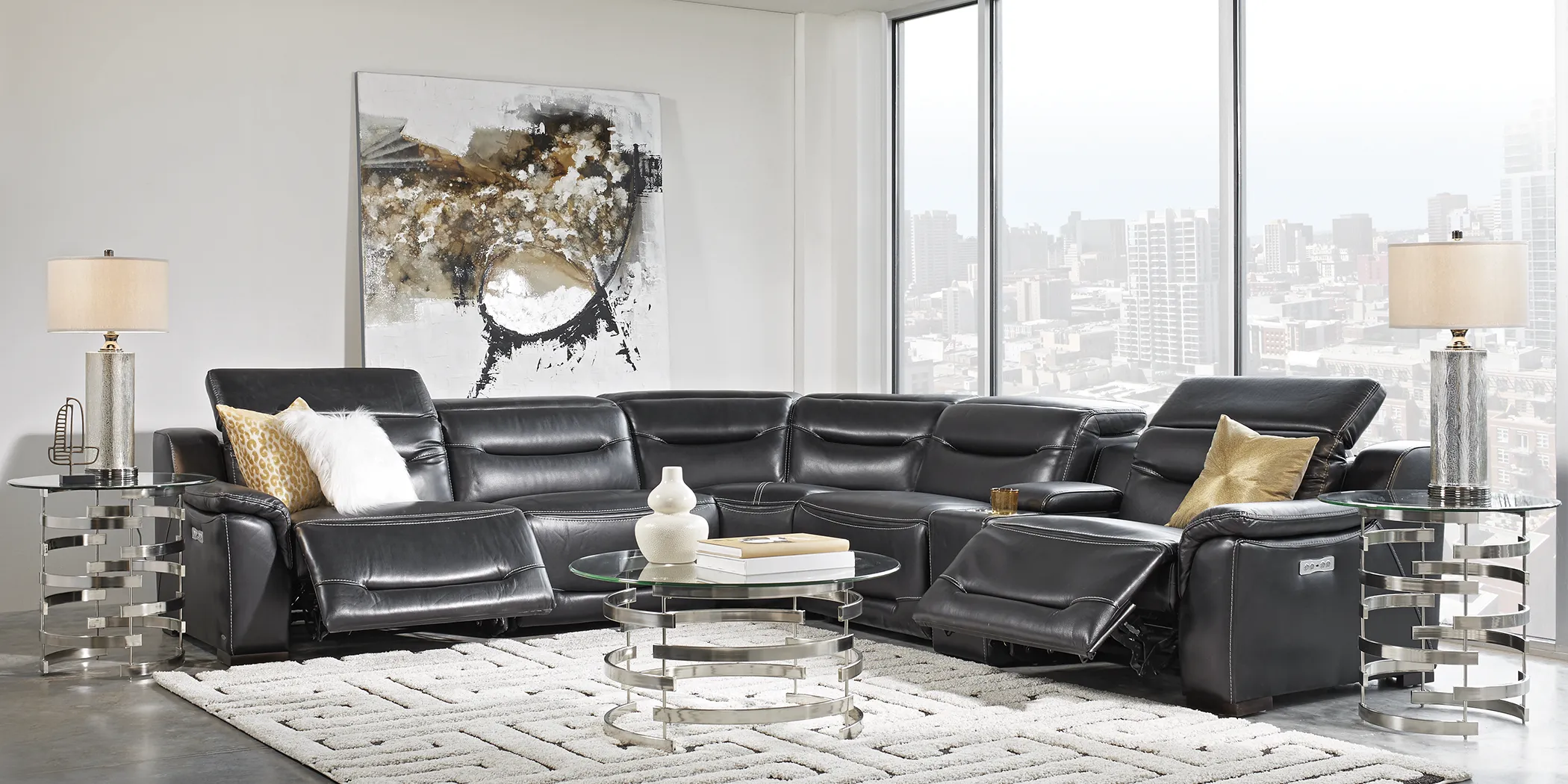 Gallia Black Leather 6 Pc Dual Power Reclining Sectional - Thumbnail - Image 2