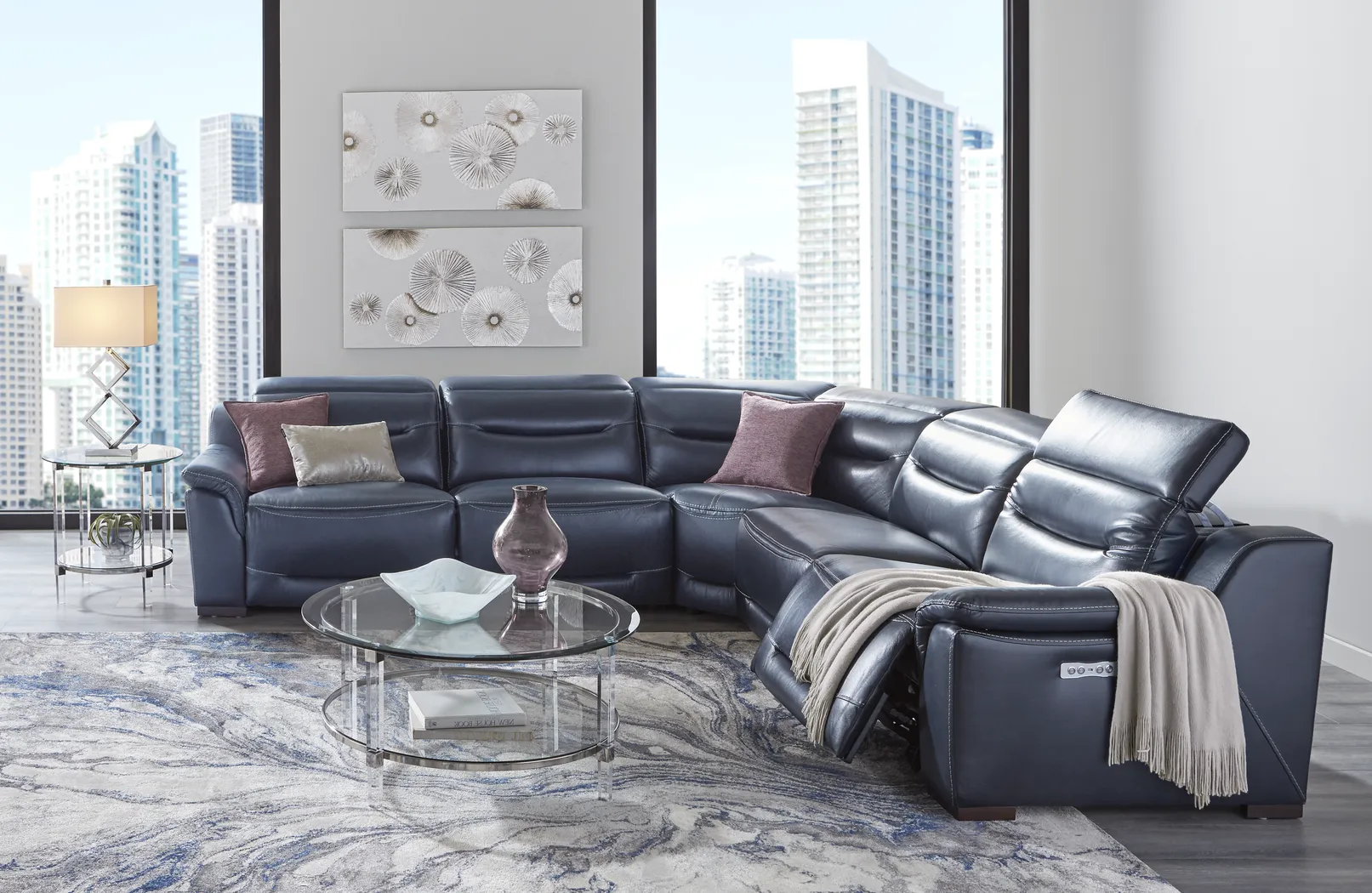 Gallia Way Navy Leather 5 Pc Dual Power Reclining Sectional - Thumbnail - Image 1