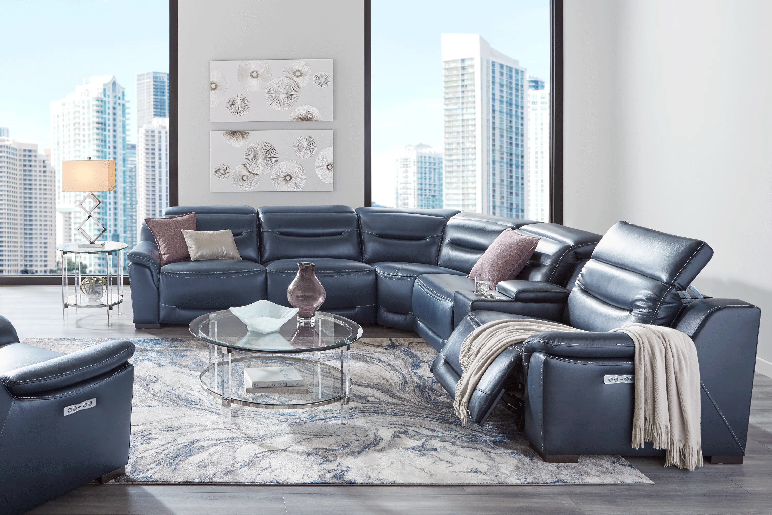 Gallia Way Navy Leather 6 Pc Dual Power Reclining Sectional - Thumbnail - Image 2