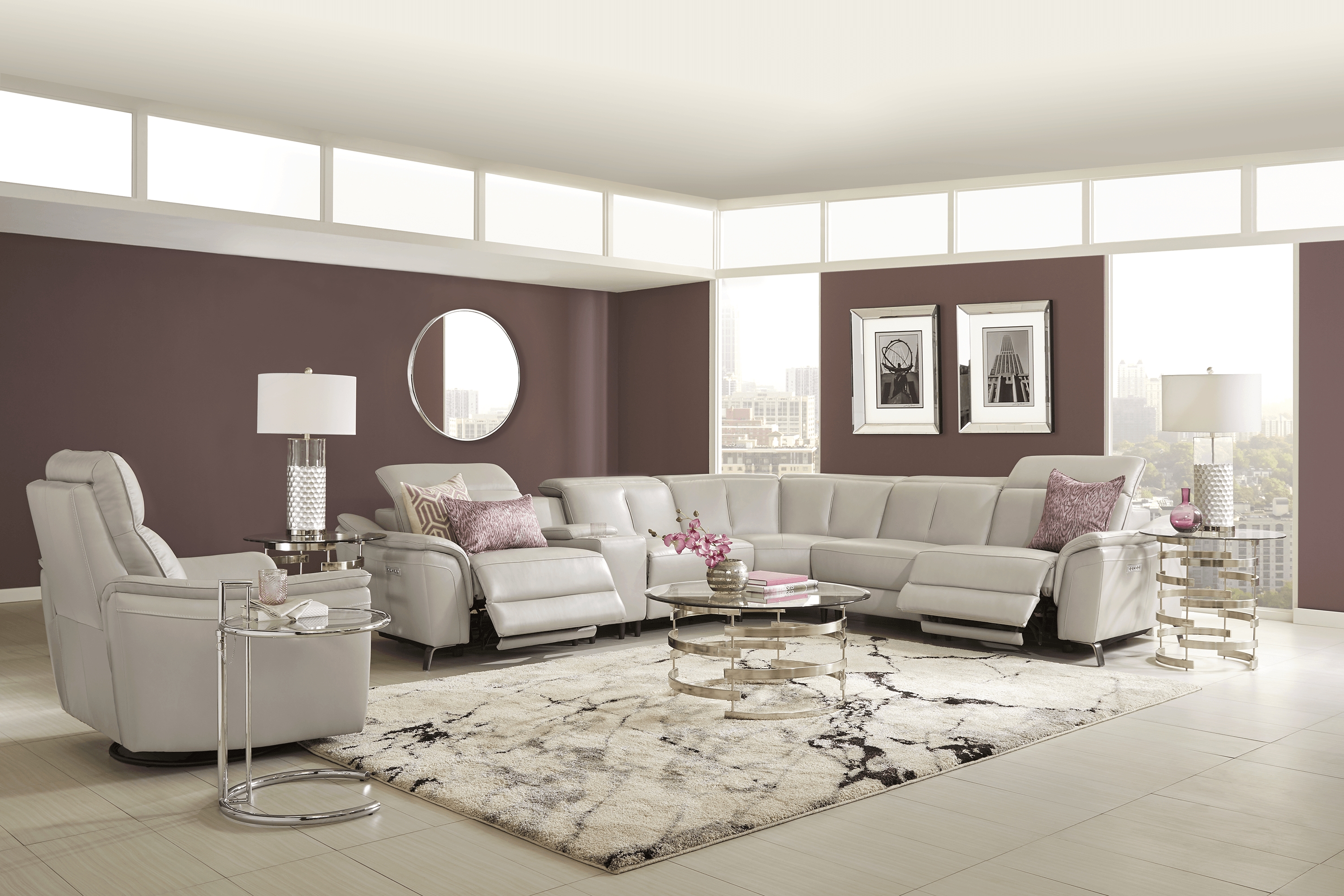 Naples Light Gray Leather 6 Pc Dual Power Reclining Sectional - Thumbnail - Image 2