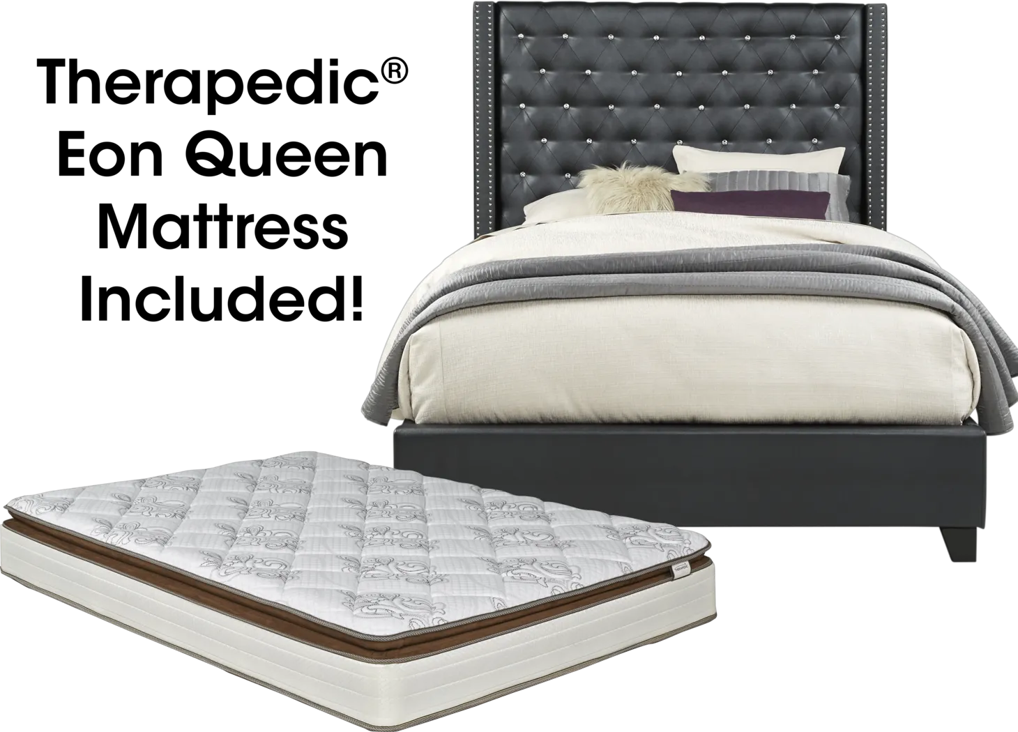 Paris Black 5 Pc Upholstered Queen Bed and Mattress Set - Thumbnail - Image 1