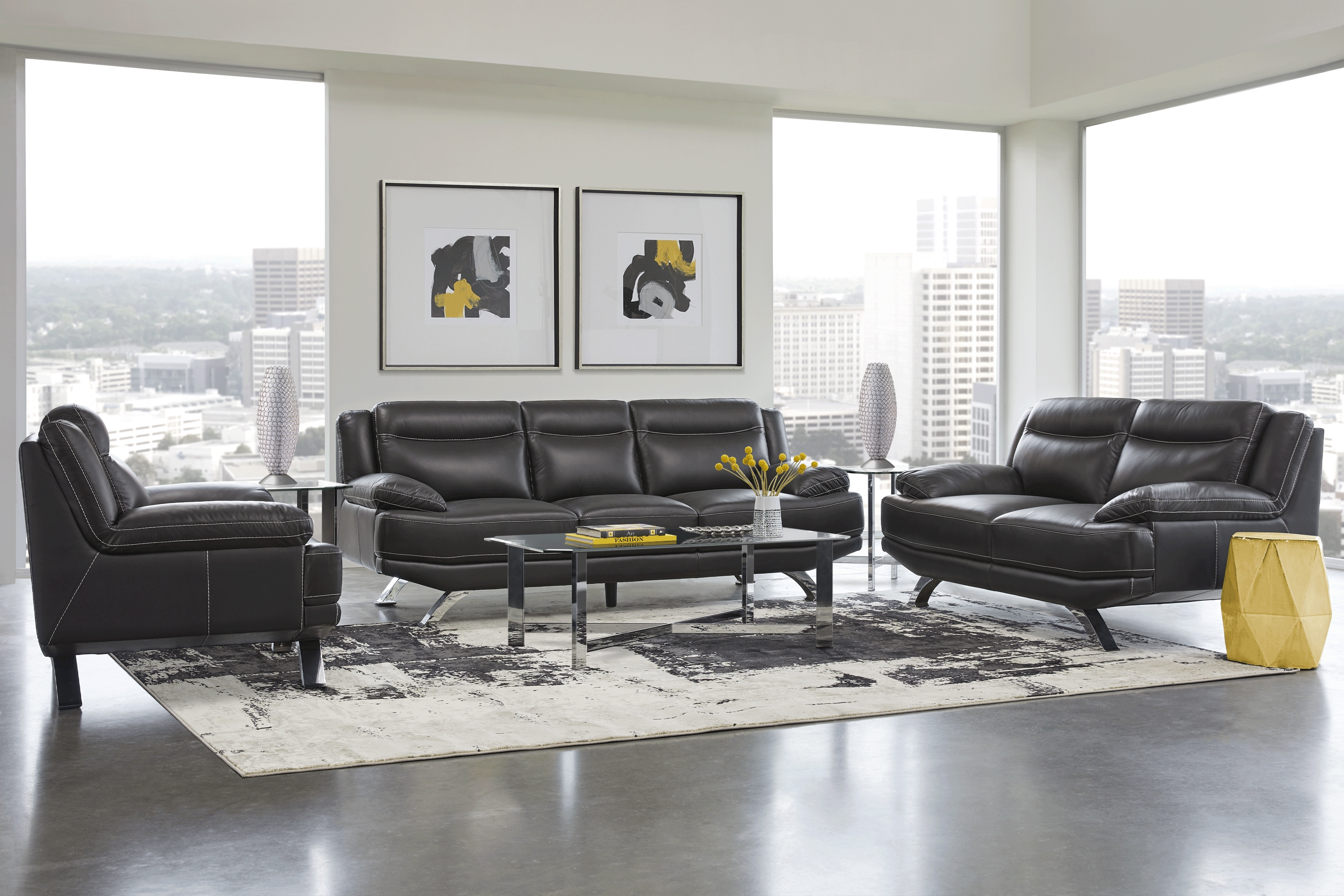Zamora Black Leather 7 Pc Living Room - Thumbnail - Image 1