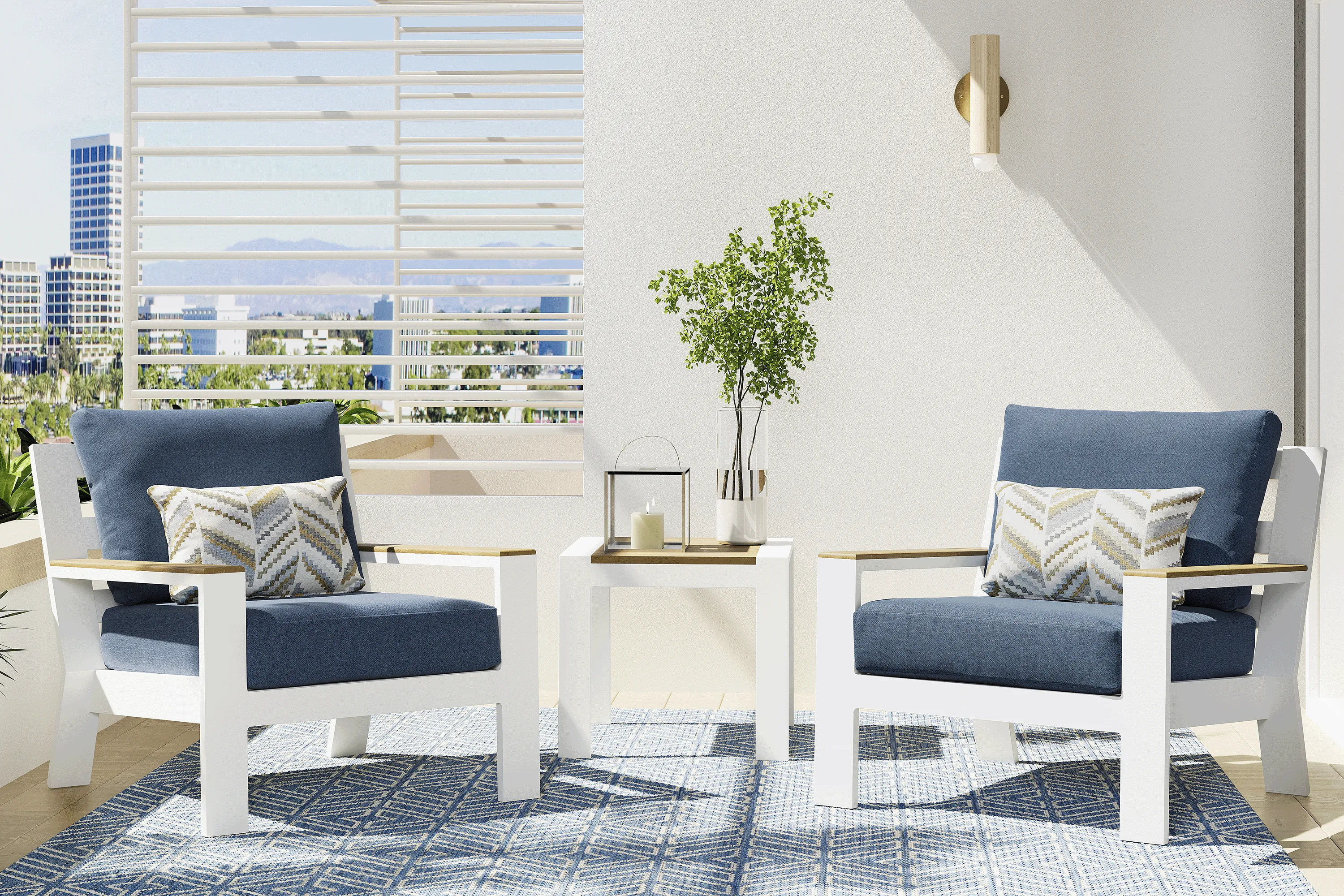 Solana White 3 Pc Outdoor Seating Set with Blueberry Cushions - Thumbnail - Image 1