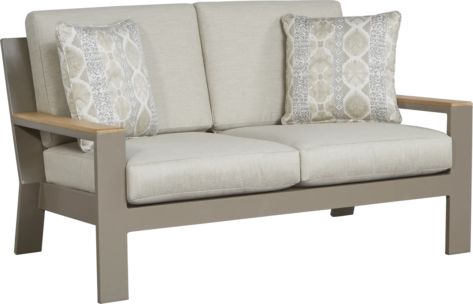 Solana Taupe Outdoor Loveseat with Beige Cushions - Thumbnail - Image 1