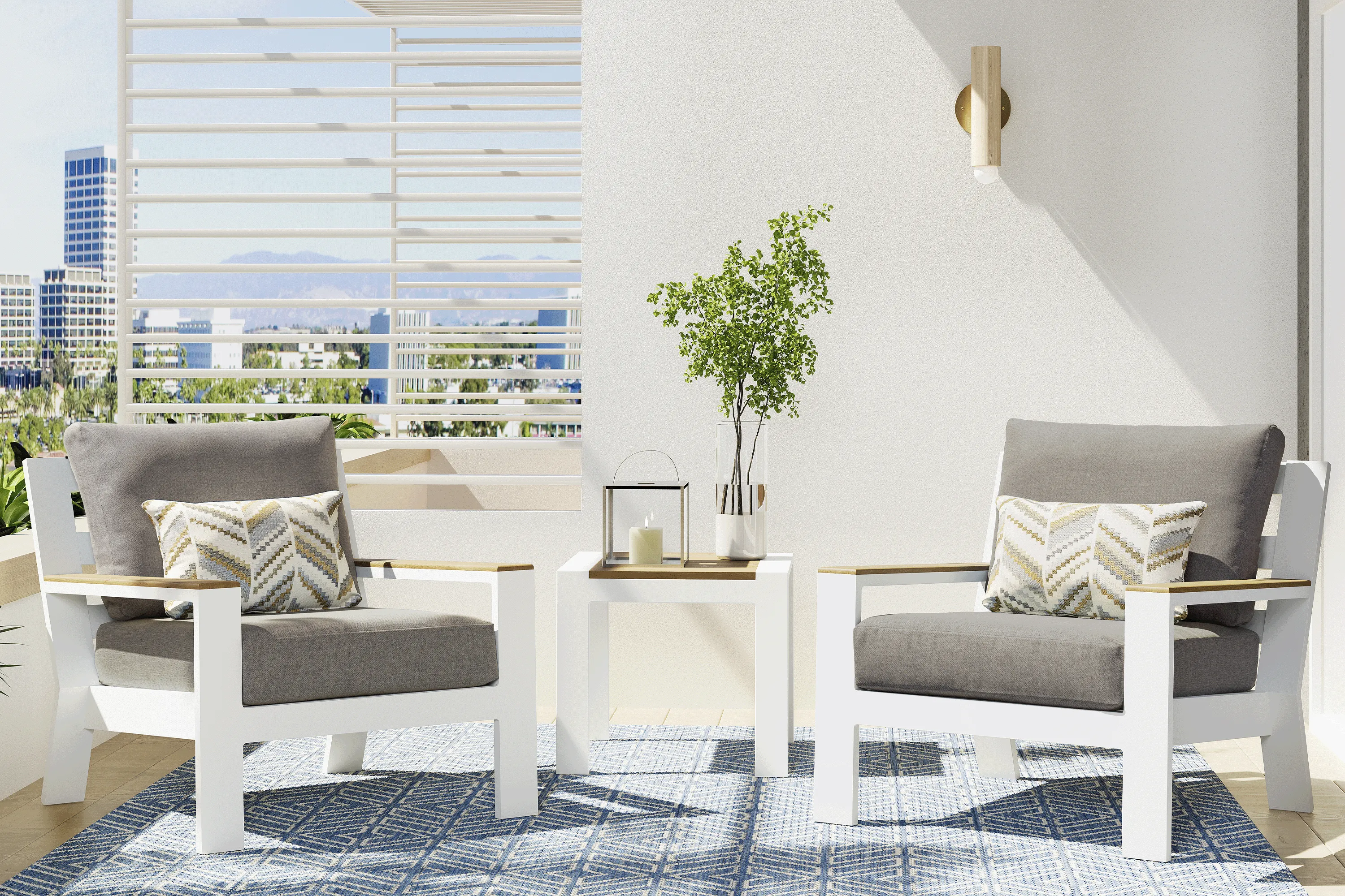 Solana White 3 Pc Outdoor Seating Set with Mushroom Cushions - Thumbnail - Image 1