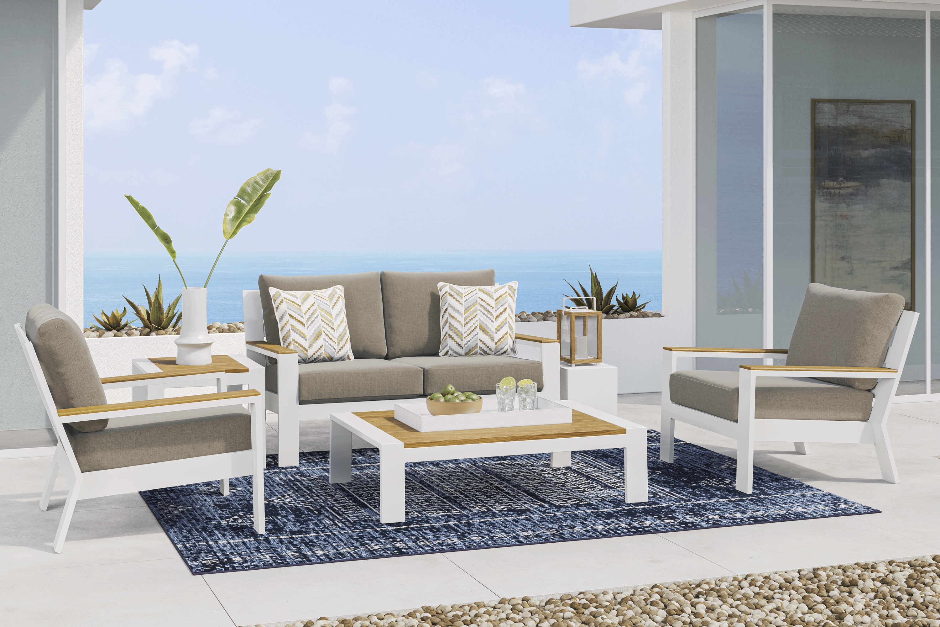 Solana White 4 Pc Outdoor Loveseat Seating Set With Mushroom Cushions - Thumbnail - Image 1