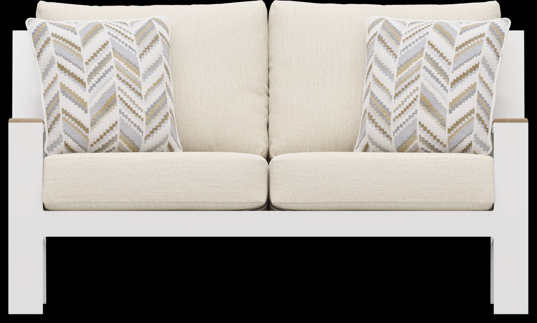 Solana White Outdoor Loveseat with Bisque Cushions - Thumbnail - Image 1