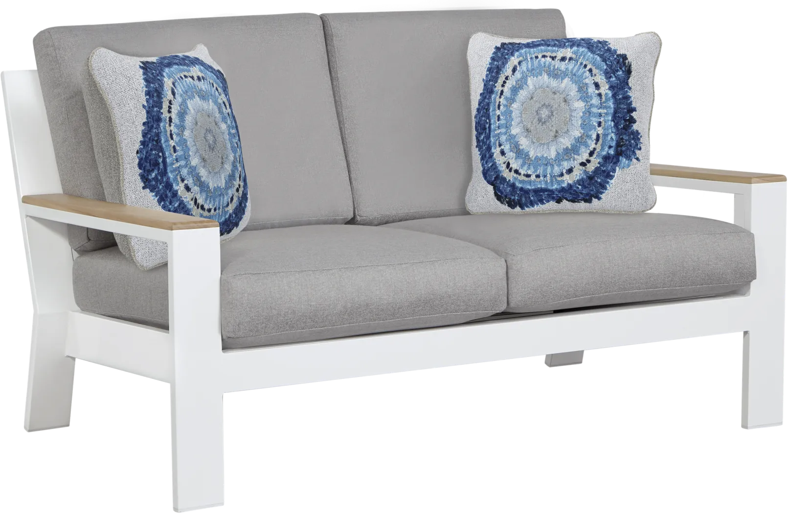 Solana White Outdoor Loveseat with Gray Cushions - Thumbnail - Image 1