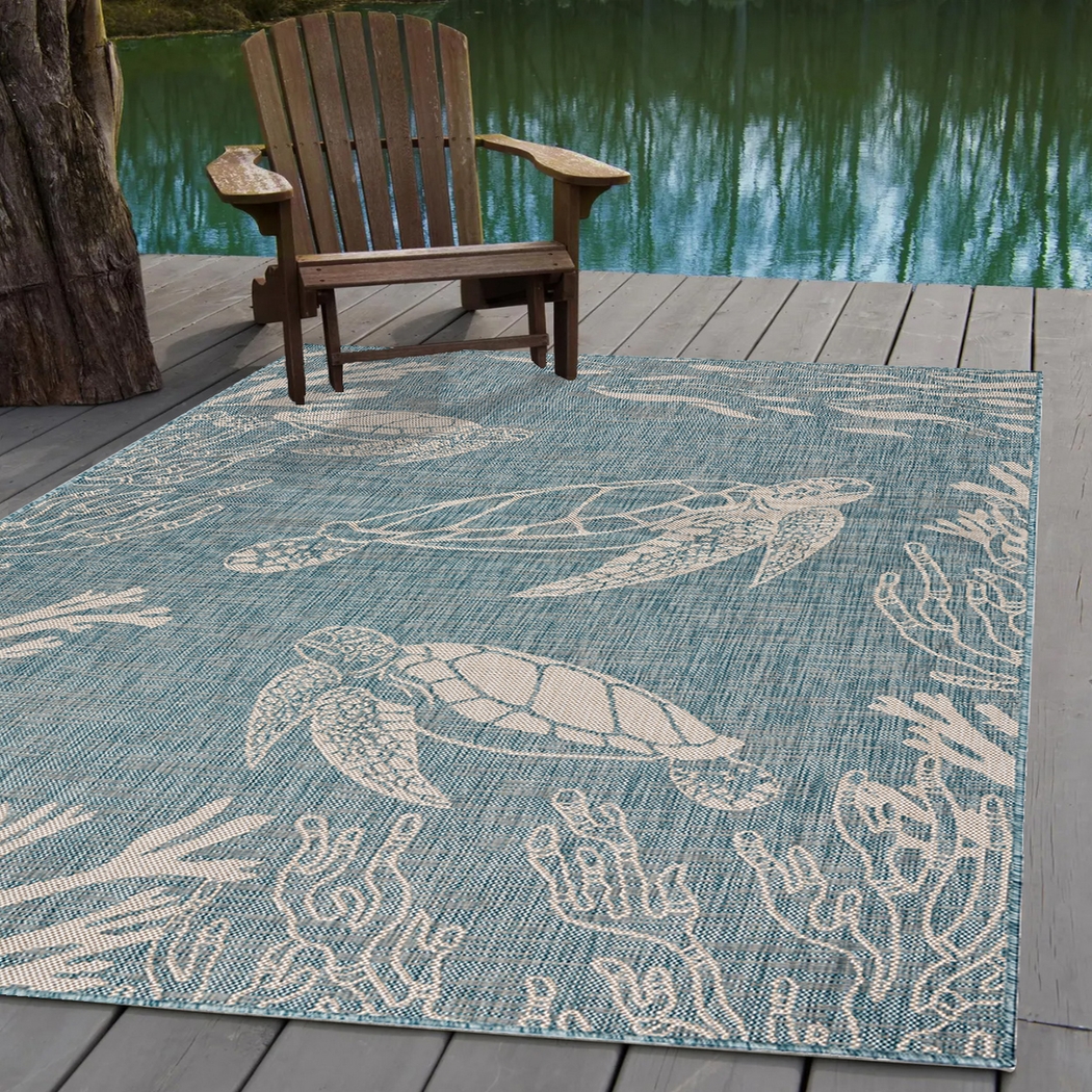 Soweyn Aqua/White 7'6 x 9'5 Indoor/Outdoor Rug - Thumbnail - Image 2