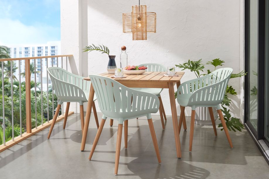 blue chairs with brown table