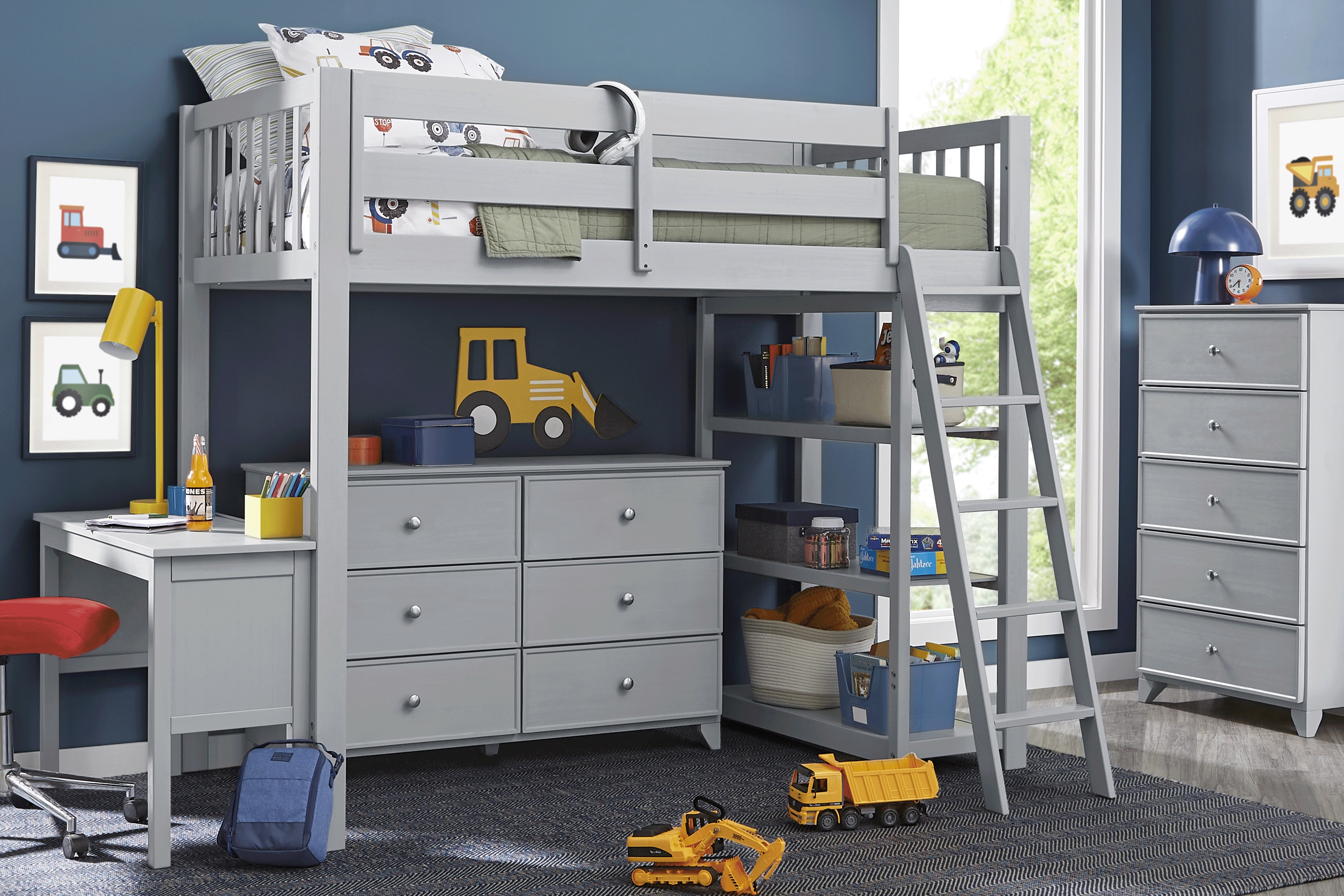 Kids Springtown Gray Wash Twin Loft Bed with Desk & Bookcase - Thumbnail - Image 1