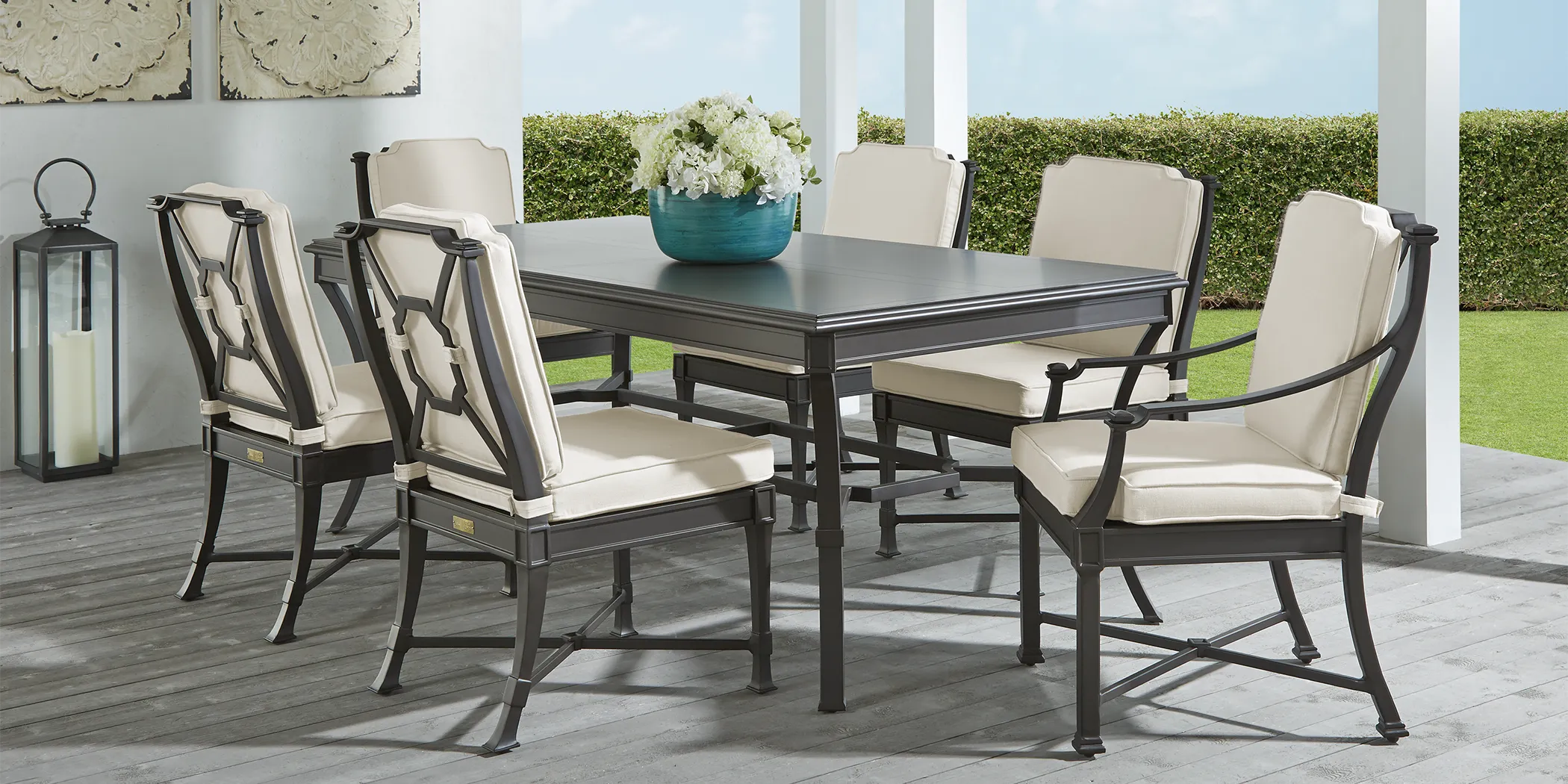 St Laurent Mocha 7 Pc Outdoor Dining Set with Linen Cushions - Thumbnail - Image 1