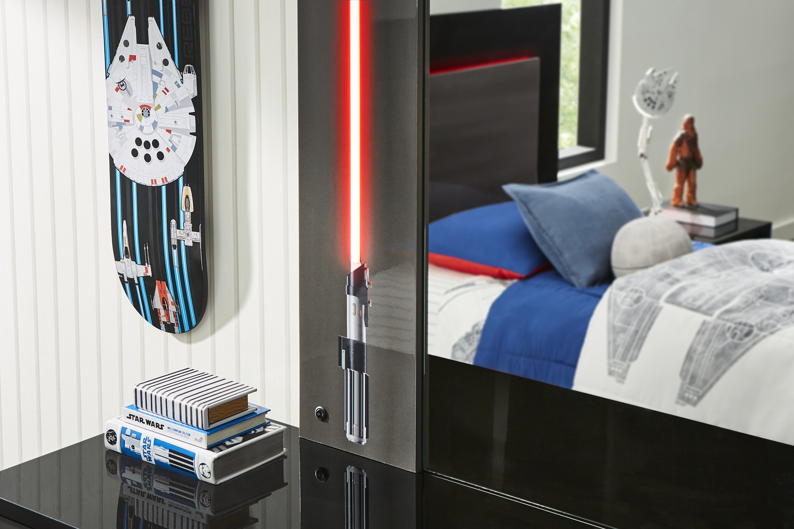 Star Wars Black Lighted Bedroom with Millennium Falcon Lightspeed Carbonite Full Platform Bed - Thumbnail - Image 10