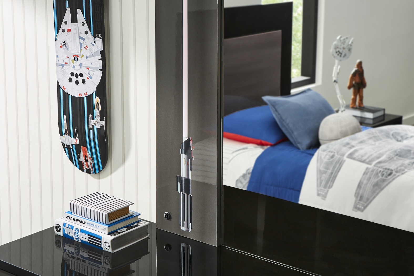 Star Wars Black Lighted Bedroom with Millennium Falcon Lightspeed Carbonite Full Platform Bed - Thumbnail - Image 11