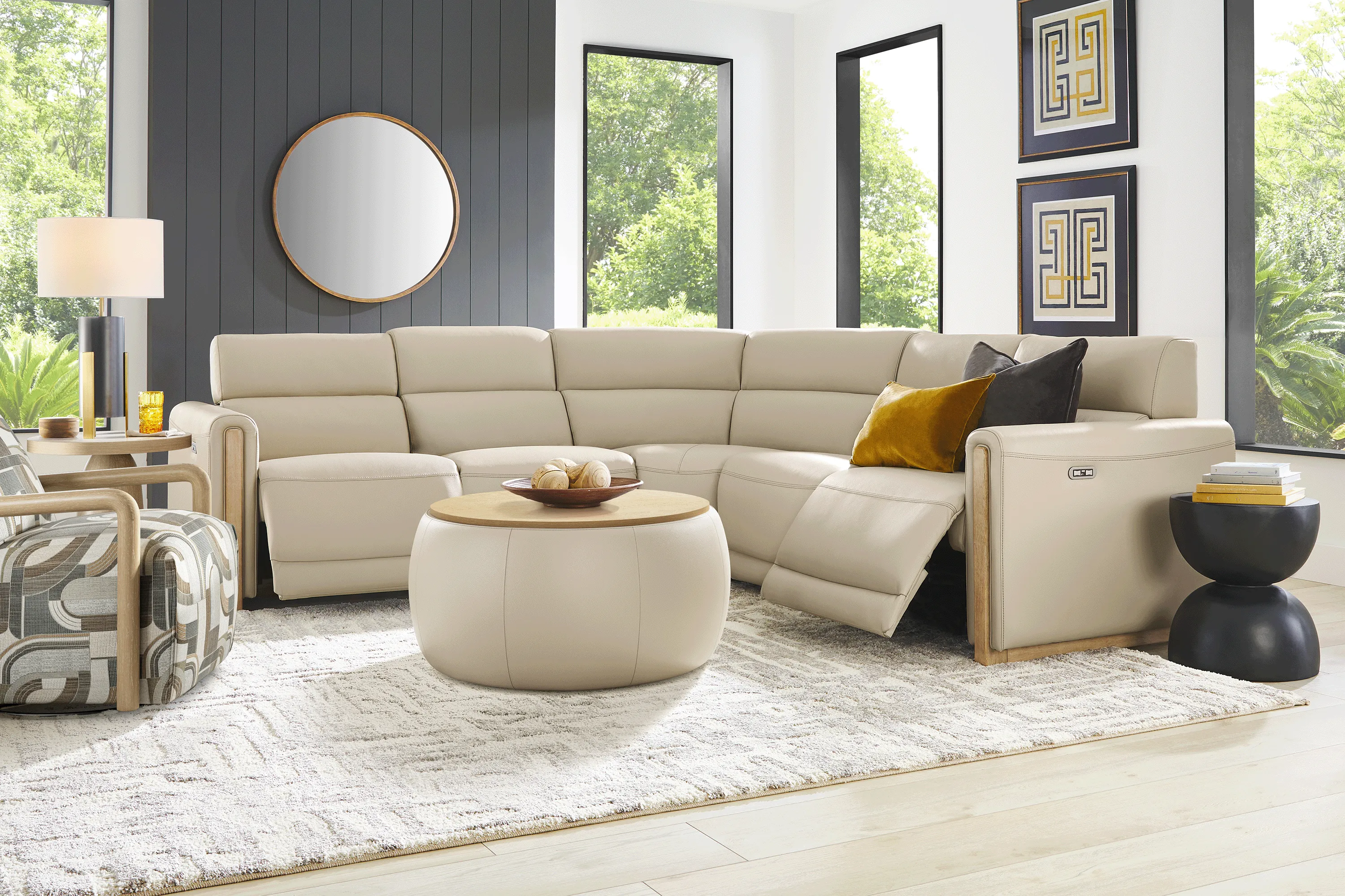Stefano Almond Leather 5 Pc Dual Power Reclining Sectional - Thumbnail - Image 2