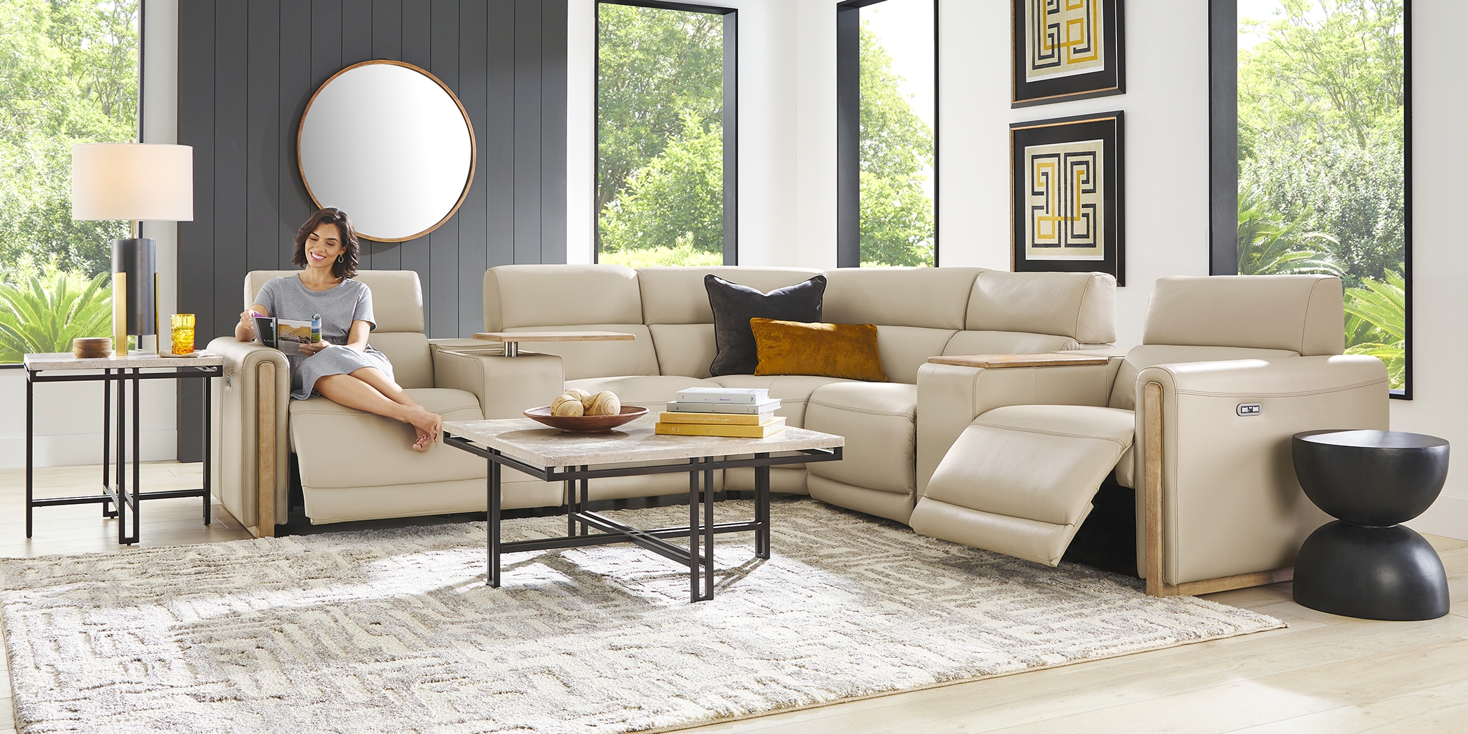 Stefano Taupe Leather 7 Pc Dual Power Reclining Sectional - Thumbnail - Image 3