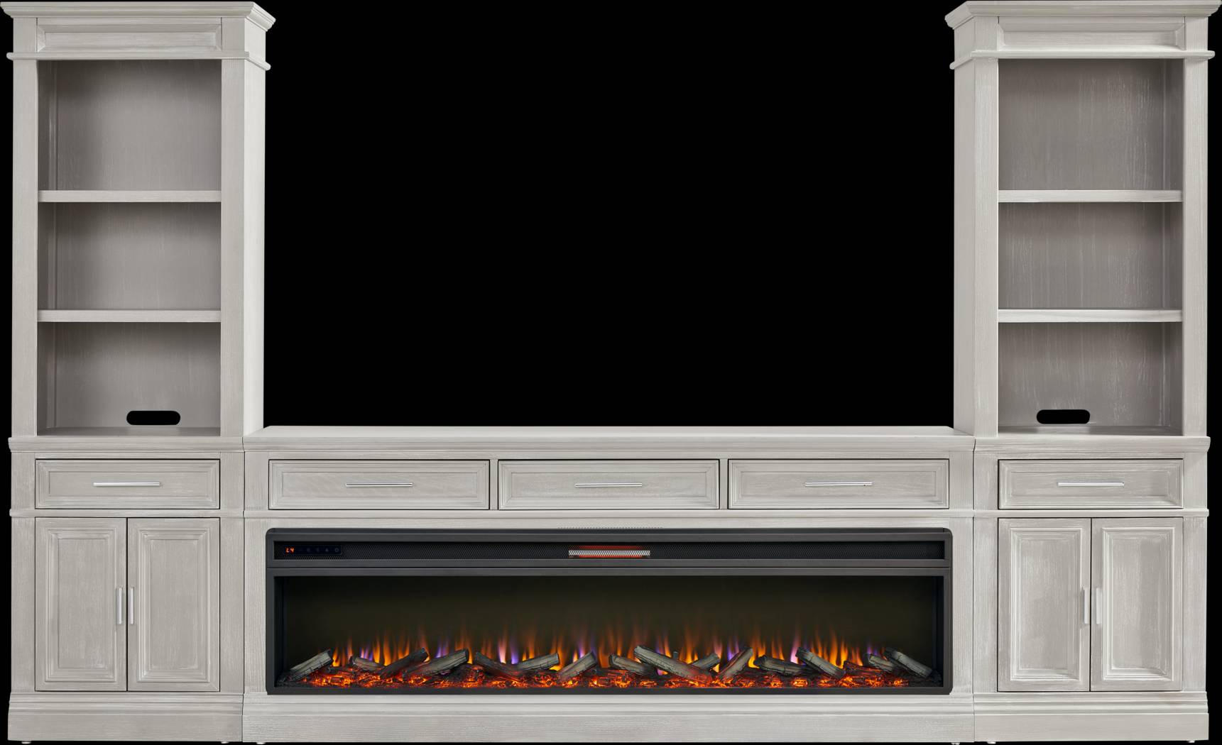 Stephenson Light Gray 4 Pc Wall Unit with 78 in. Console and Electric Log Fireplace - Thumbnail - Image 1
