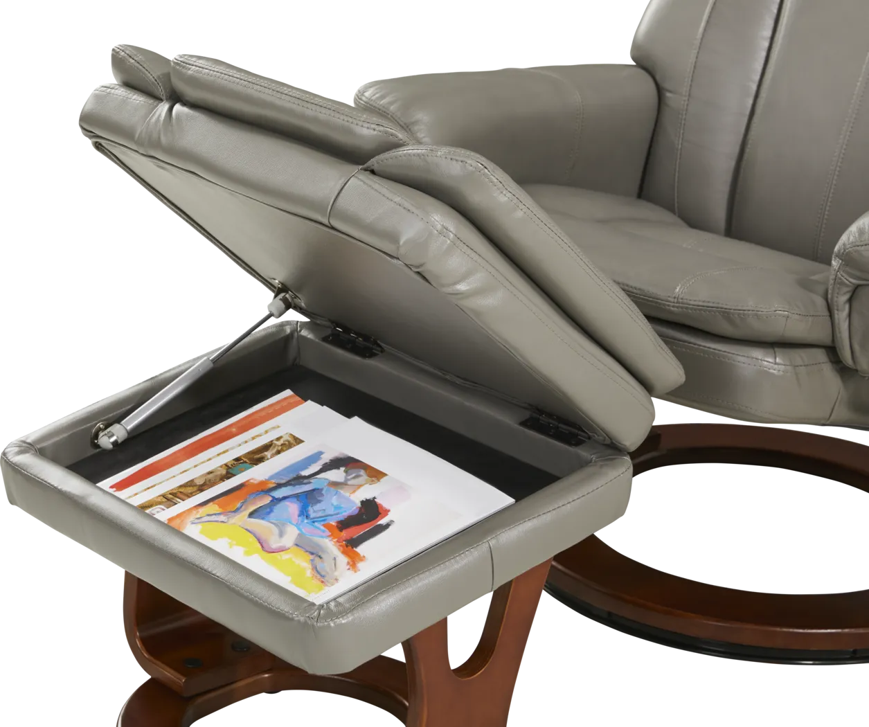 Stewart Place Gray Leather Recliner and Ottoman - Thumbnail - Image 4
