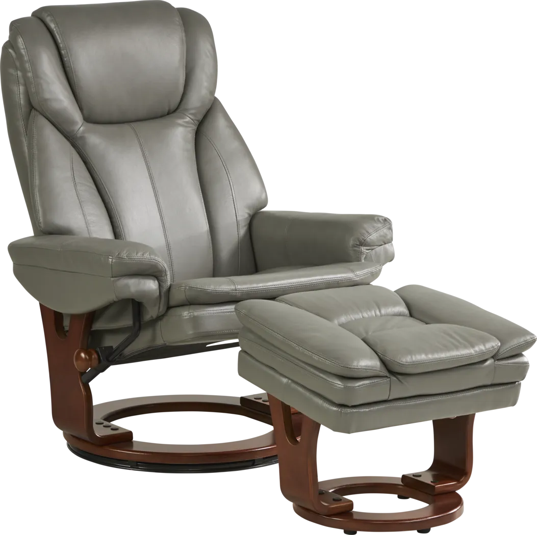 Stewart Place Gray Leather Recliner and Ottoman - Thumbnail - Image 1