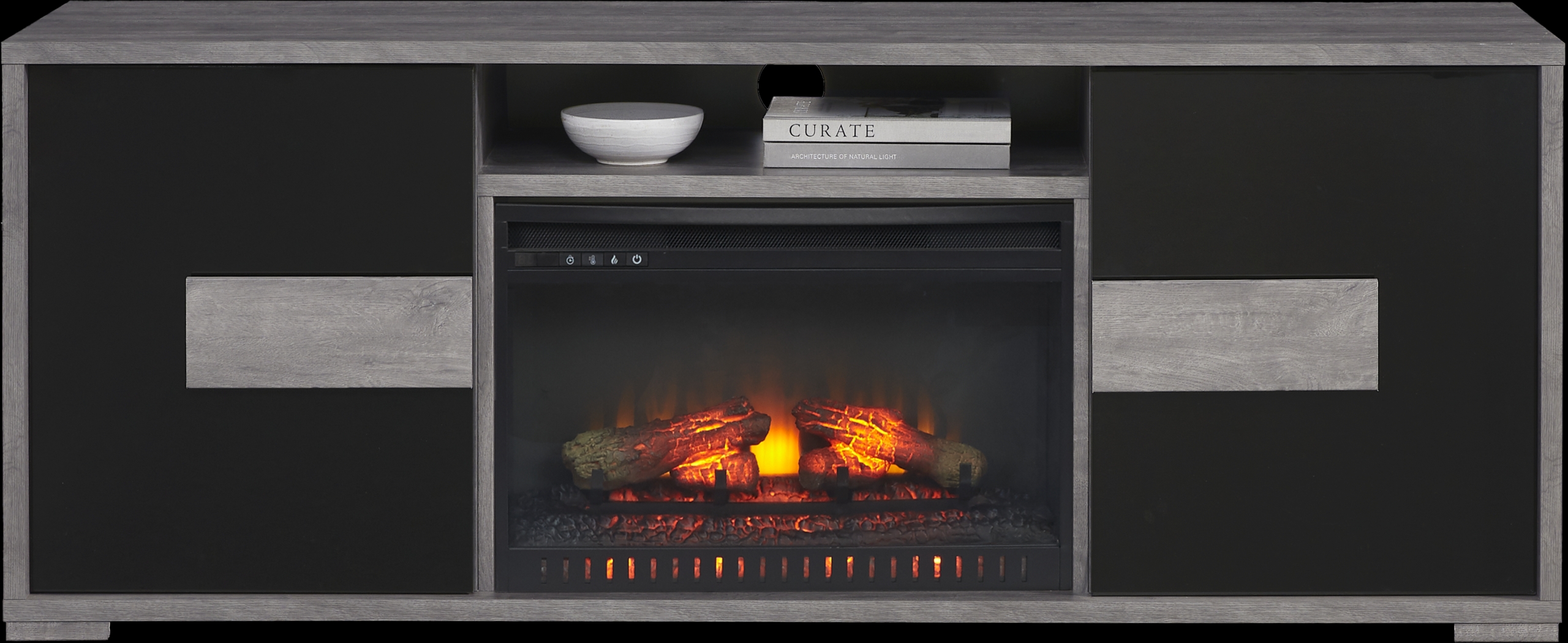 Studio Place Black 70 in. Console with Electric Log Fireplace - Thumbnail - Image 1