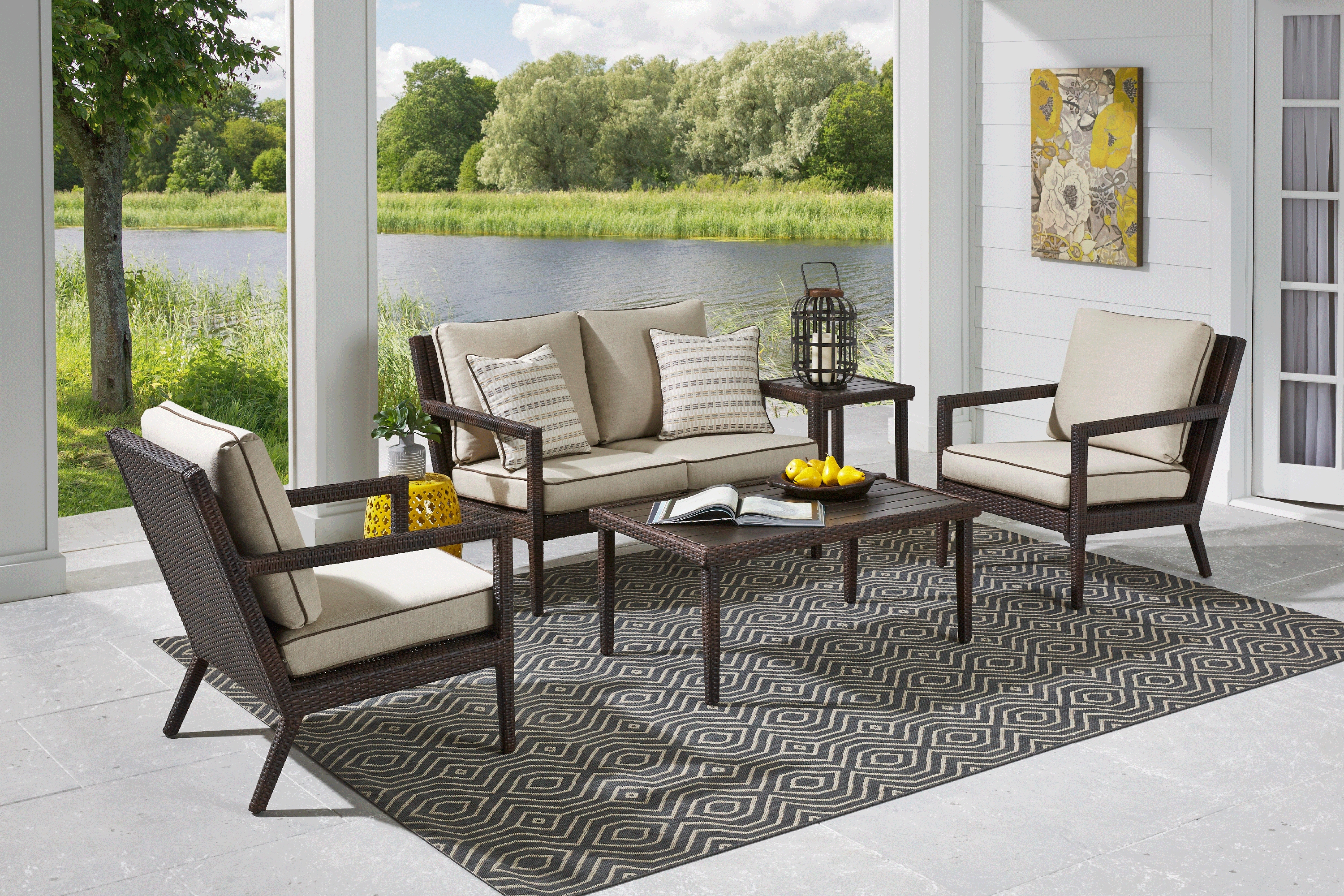 Summerset Way Brown 4 Pc Outdoor Seating Set with Sandstone Cushions - Thumbnail - Image 1