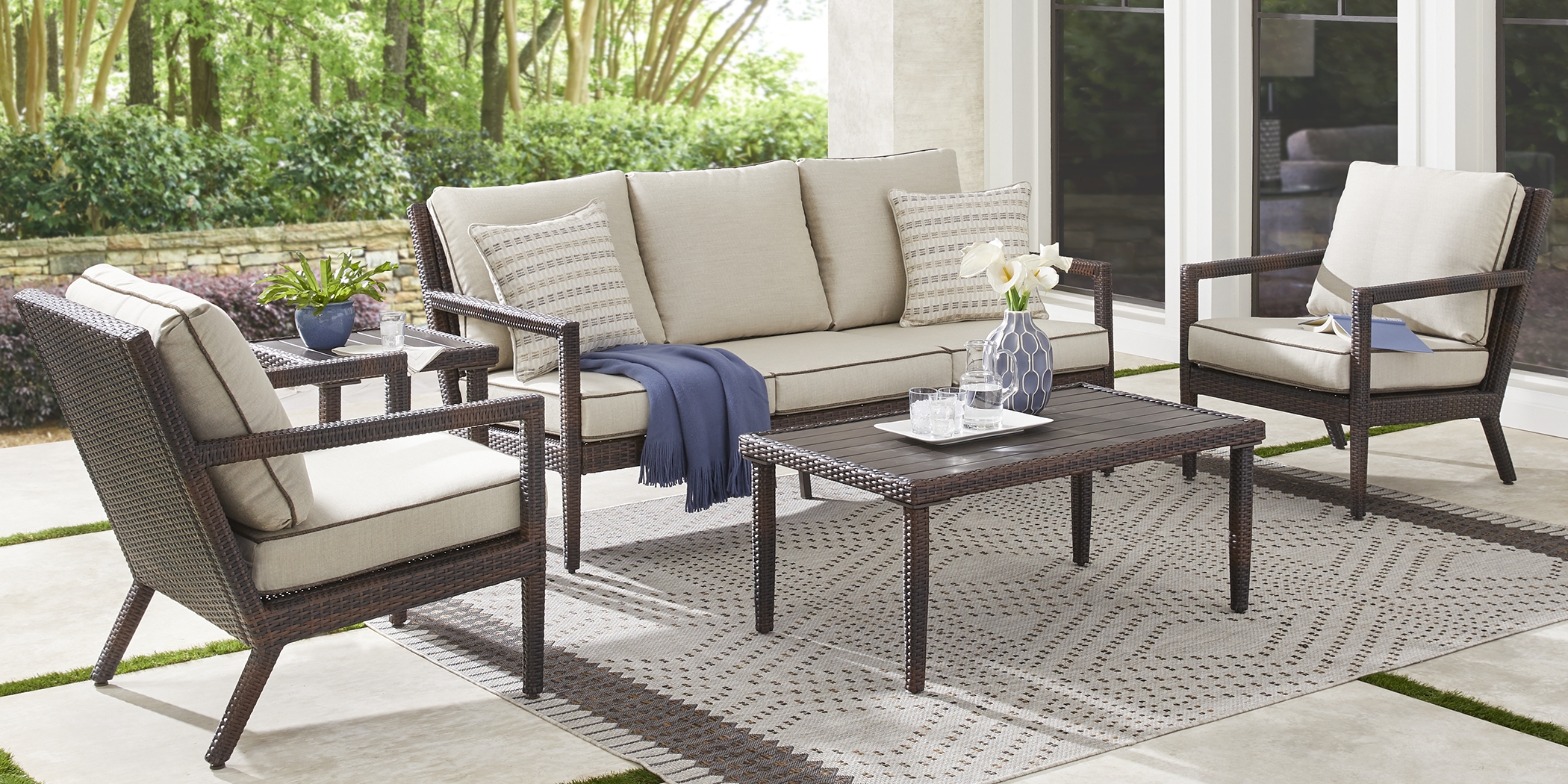 Summerset Way Brown 5 Pc Outdoor Seating Set with Sandstone Cushions - Thumbnail - Image 1