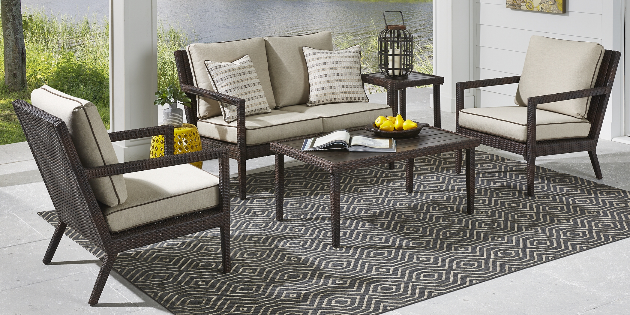 Summerset Way Brown 5 Pc Outdoor Seating Set with Sandstone Cushions - Thumbnail - Image 1