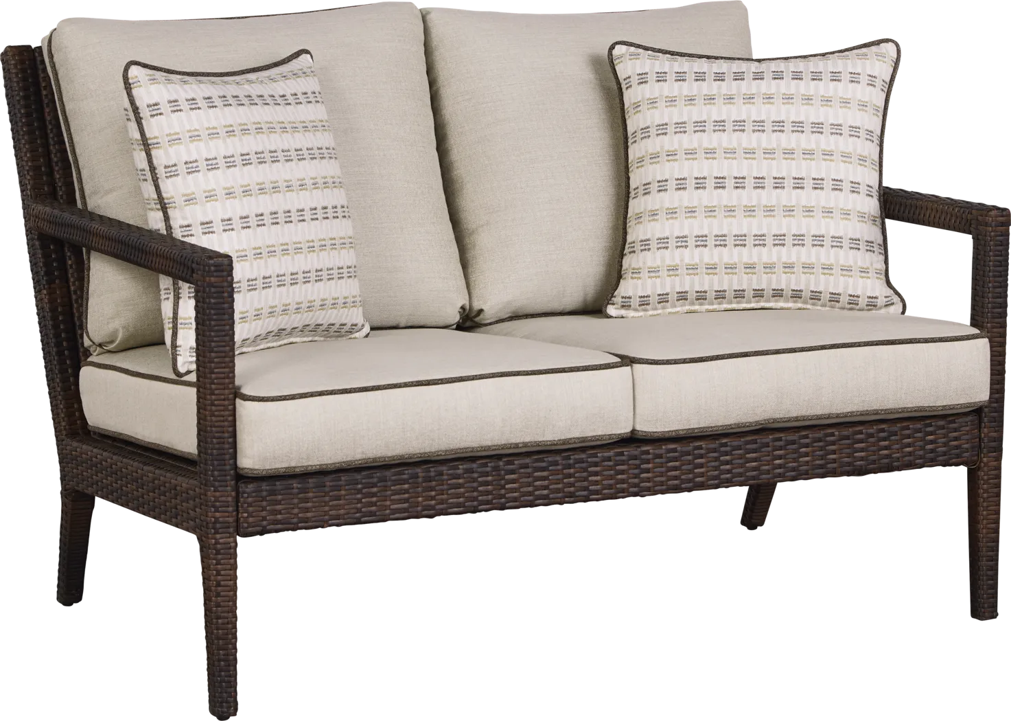 Summerset Way Brown Outdoor Loveseat with Sandstone Cushions - Thumbnail - Image 1