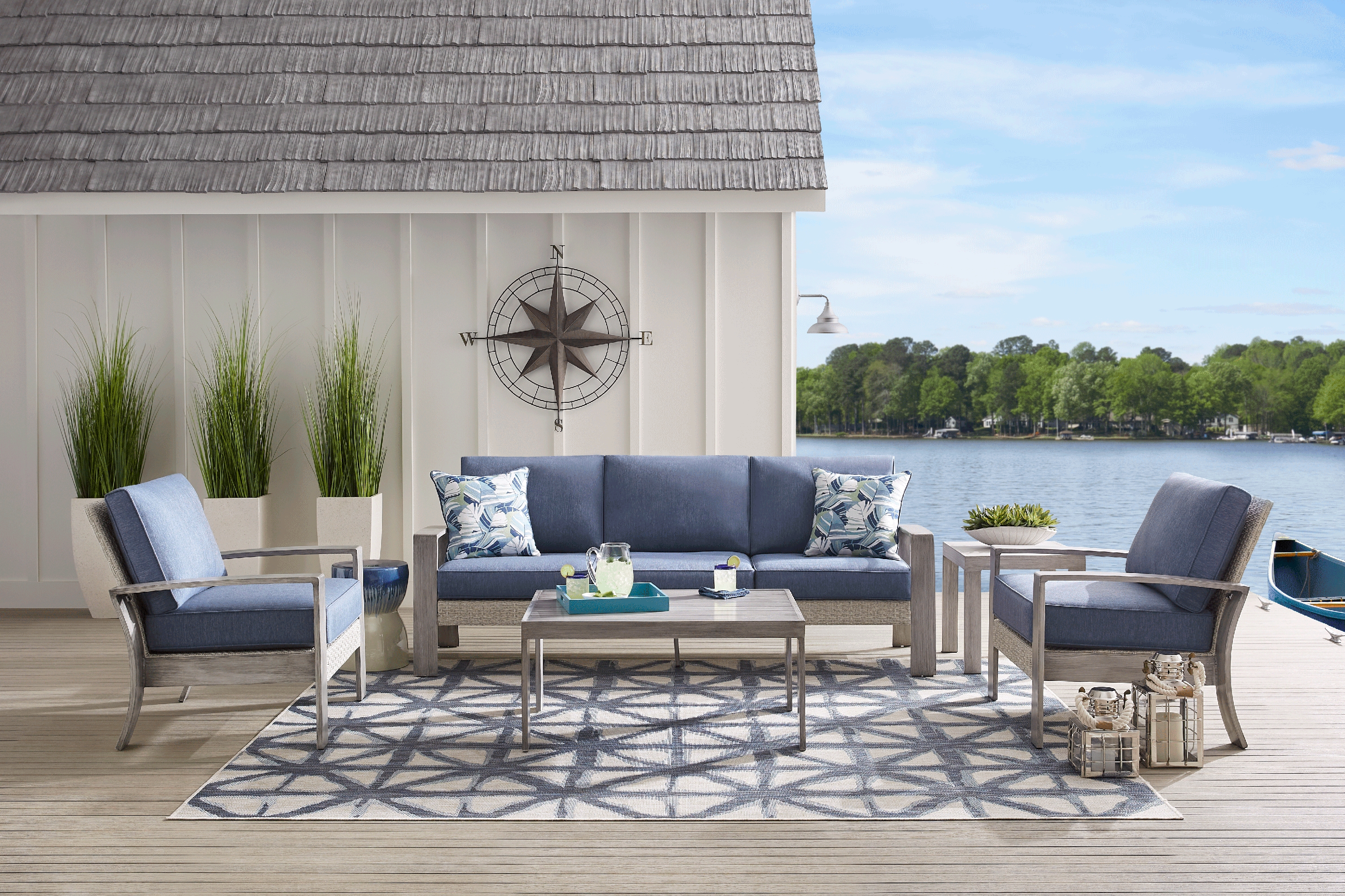 Sun Valley Light Gray 4 Pc Outdoor Seating Set with Blue Cushions - Thumbnail - Image 1