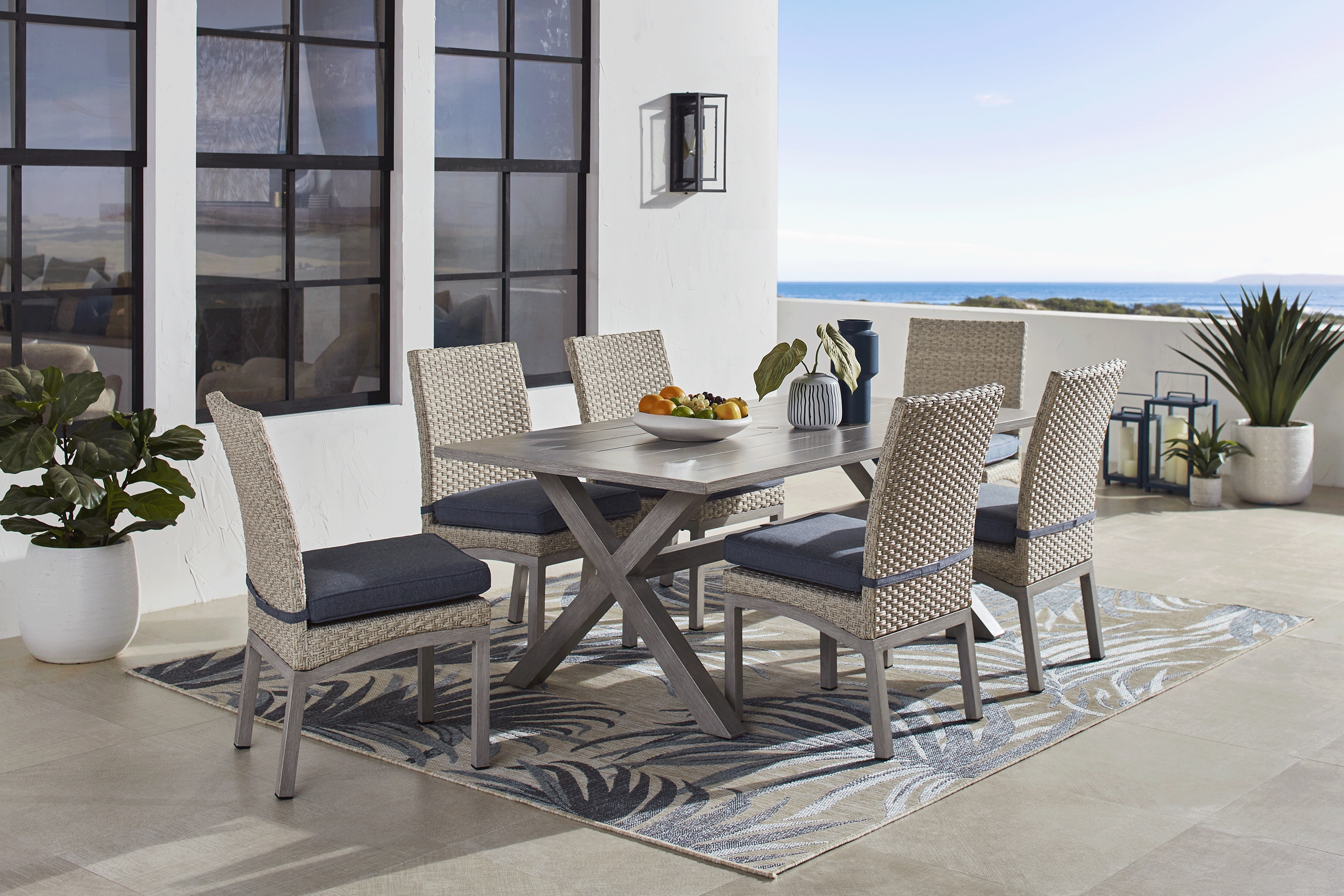 Sun Valley Light Gray 7 Pc Rectangle Outdoor Dining Set with Blue Cushions - Thumbnail - Image 1