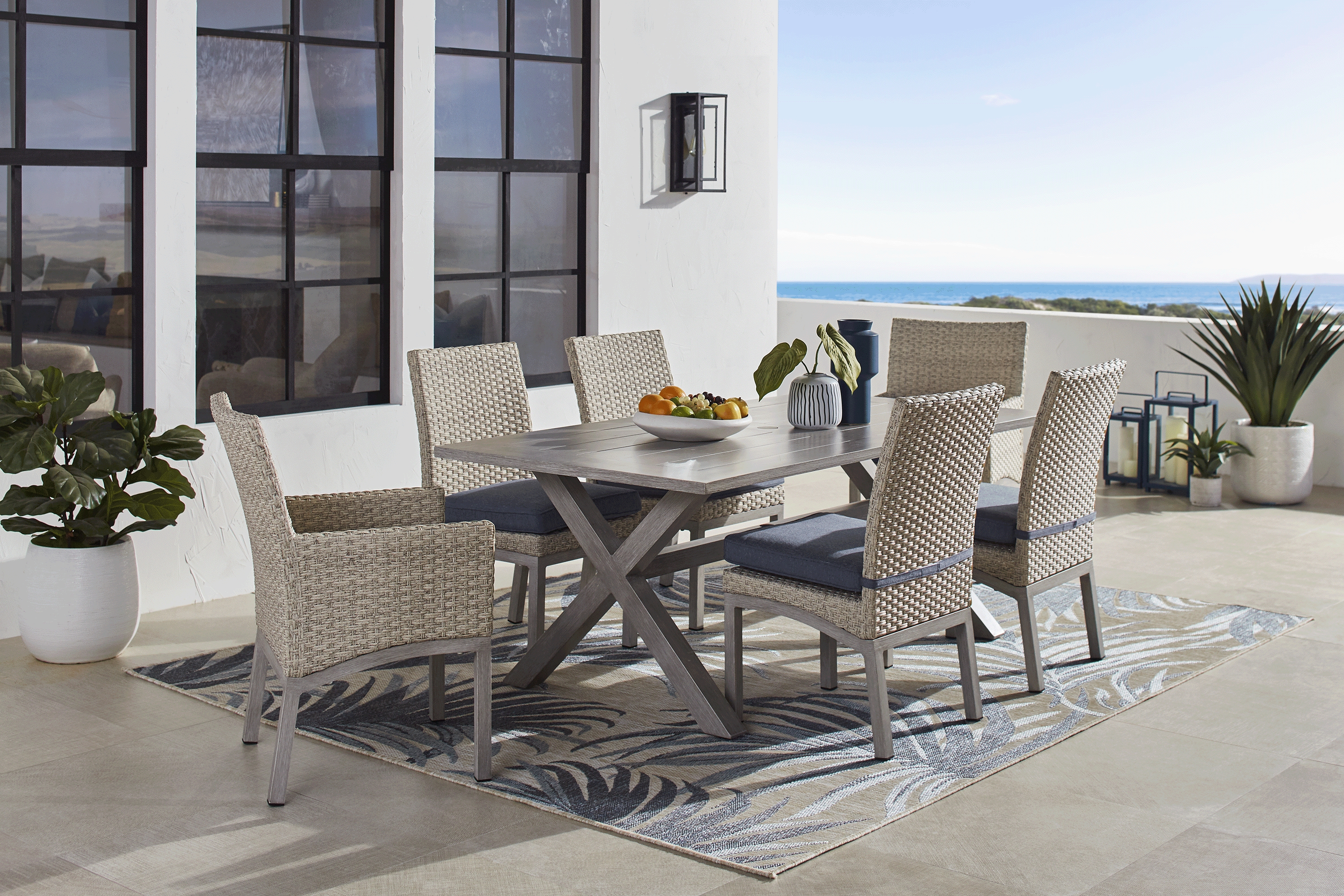 Sun Valley Light Gray 7 Pc Rectangle Outdoor Dining Set with Blue Cushions - Thumbnail - Image 1