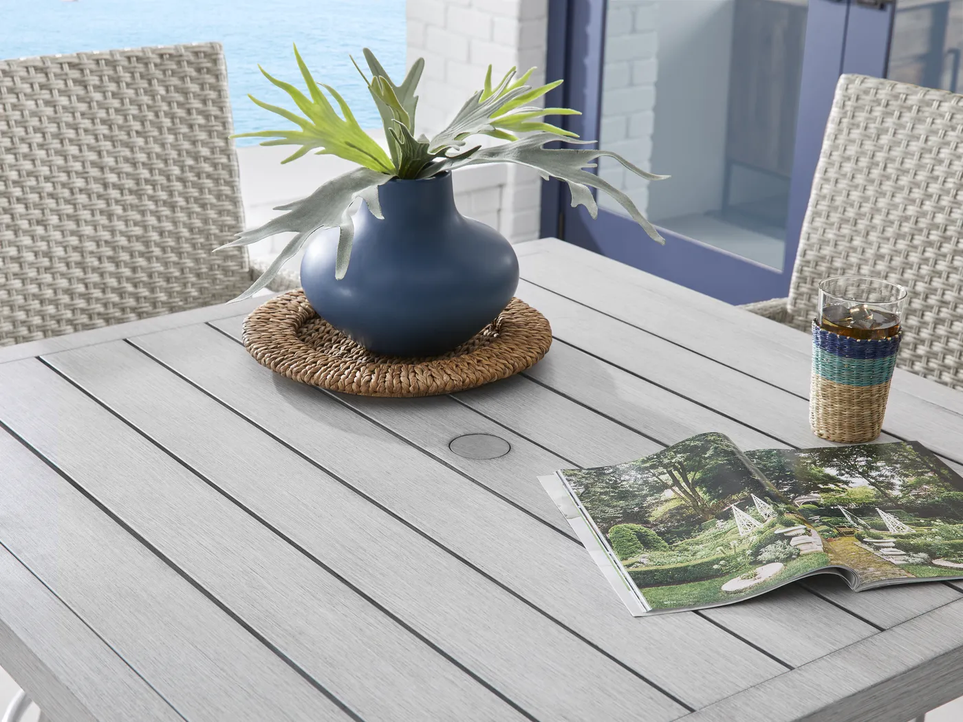 Sun Valley Light Gray 5 Pc Square Outdoor Bar Height Dining Set with Blue Cushions - Thumbnail - Image 7