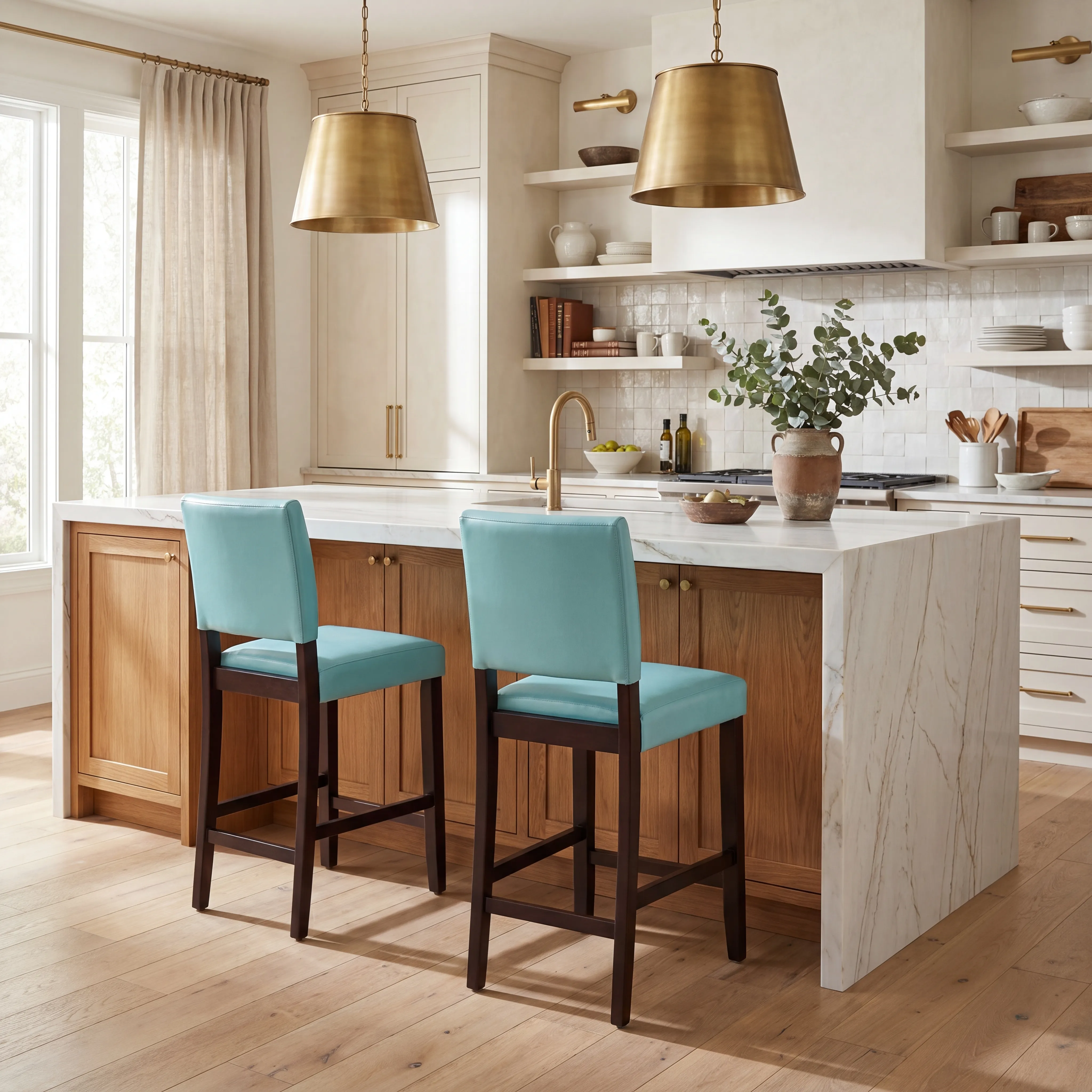 Sunset View Brown Cherry Finish 3 Pc Counter Height Dining Set with Blue Stools - Thumbnail - Image 7