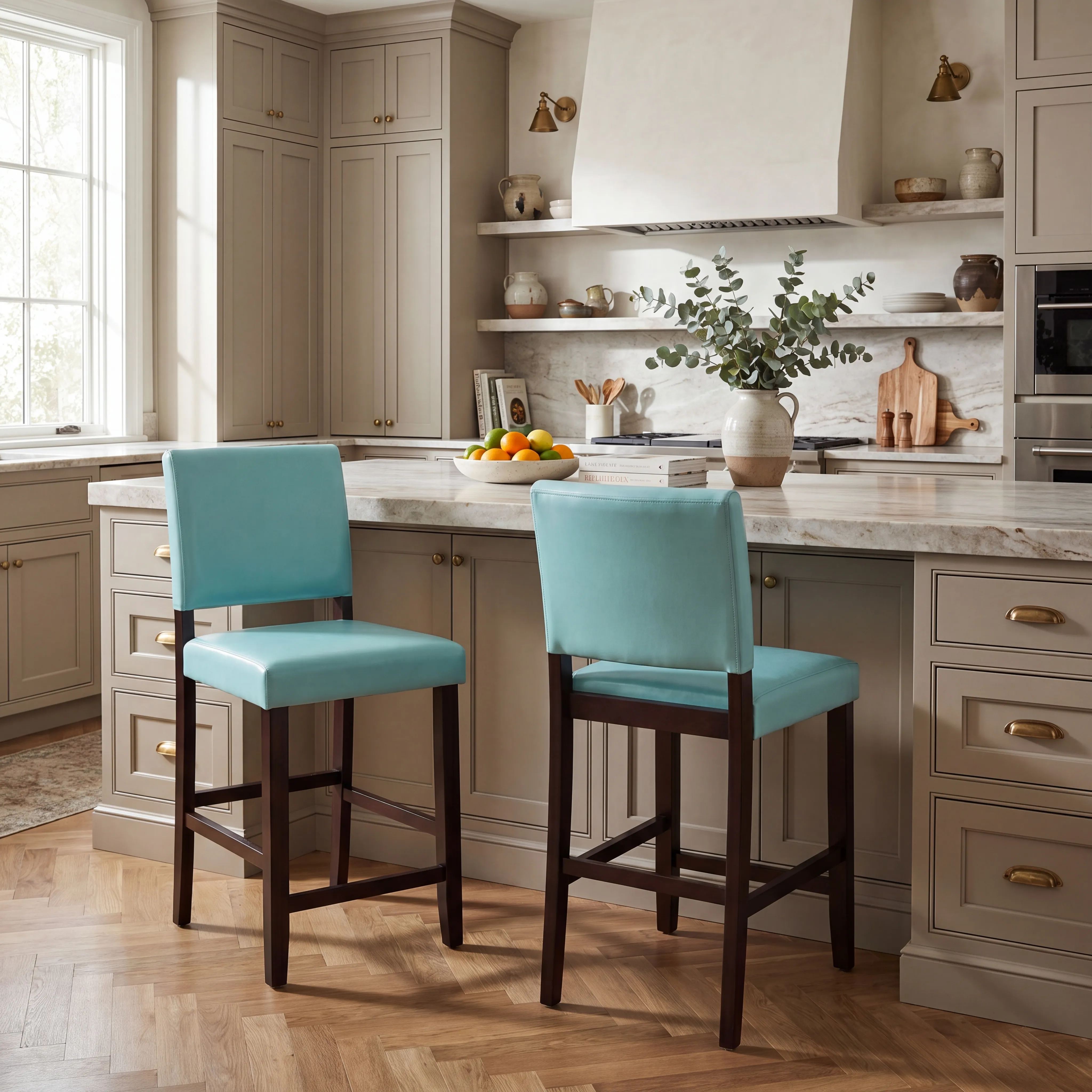 Sunset View Brown Cherry Finish 3 Pc Counter Height Dining Set with Blue Stools - Thumbnail - Image 9