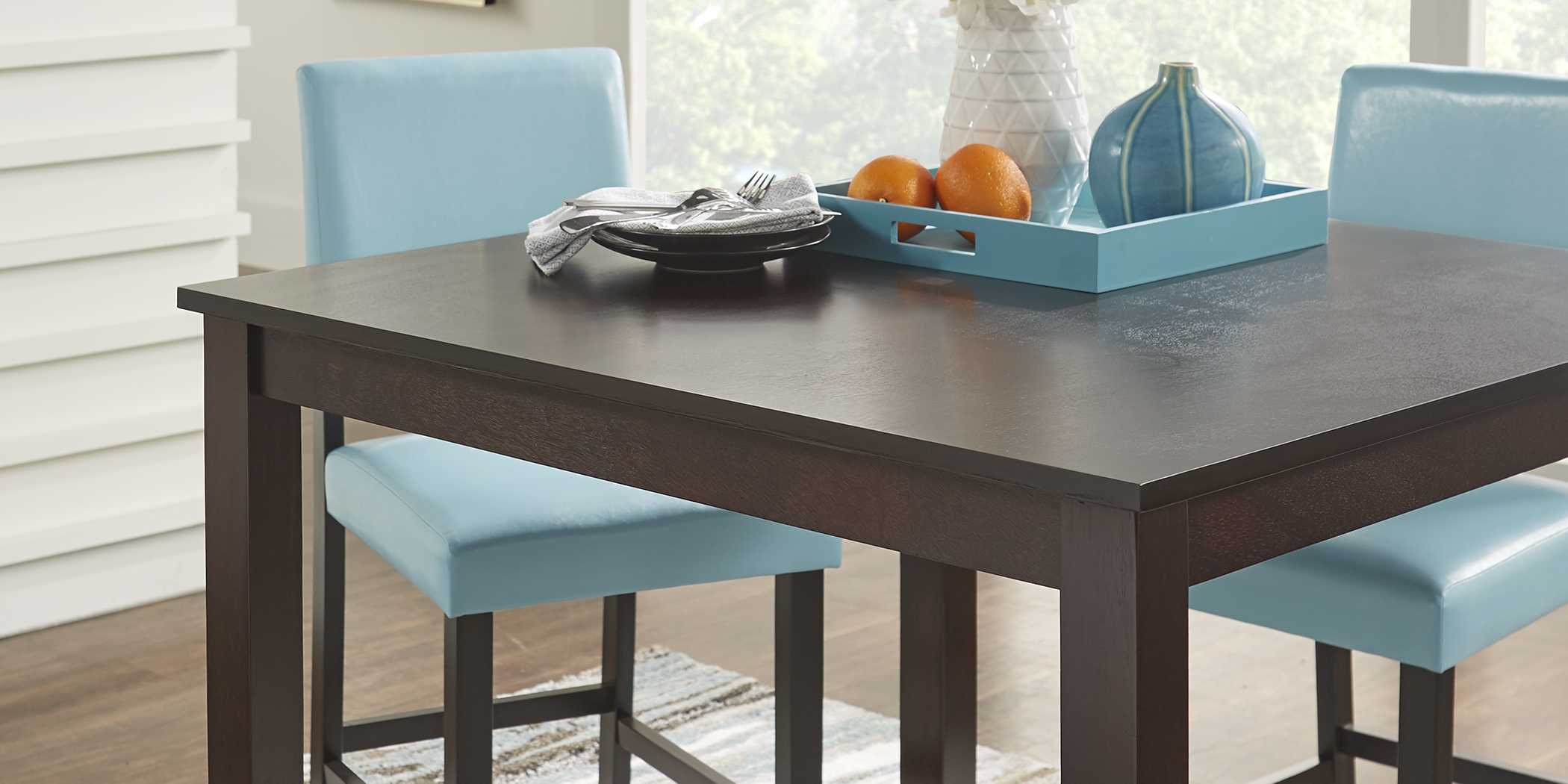 Sunset View Brown Cherry Finish 5 Pc Counter Height Dining Set with Blue Stools - Thumbnail - Image 2