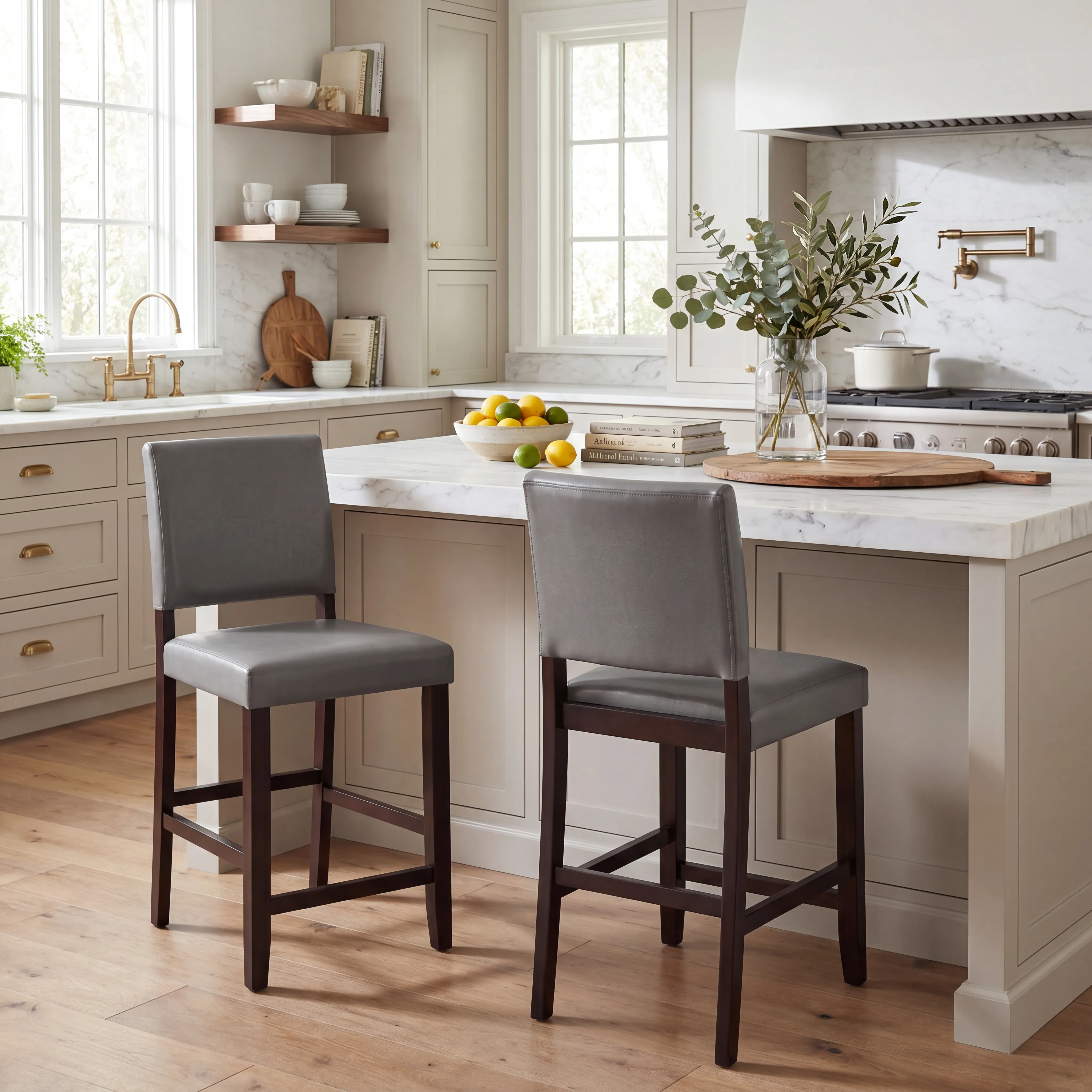 Sunset View Brown Cherry Finish 3 Pc Counter Height Dining Set with Gray Stools - Thumbnail - Image 6