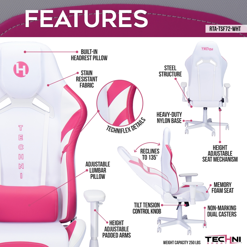 Suolin Pink/White Gaming Chair - Thumbnail - Image 3