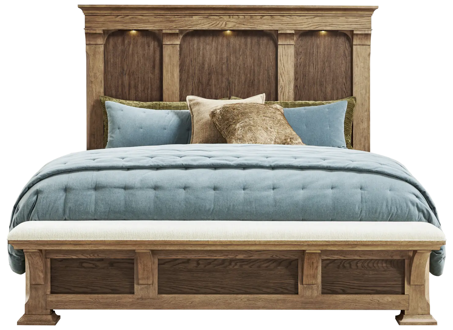 brown 3 pc king panel bed with bench