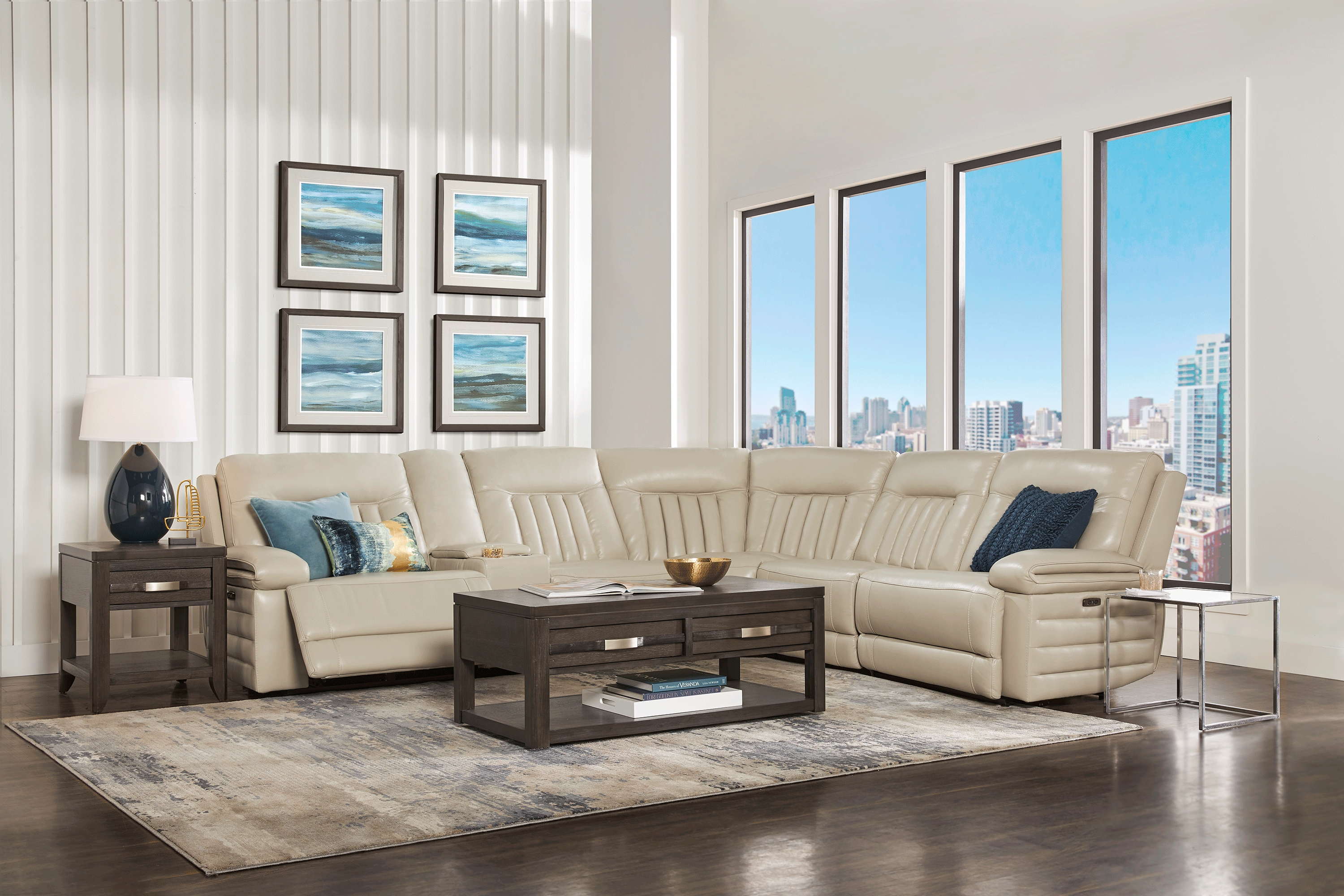 Terenzo Beige Leather 6 Pc Dual Power Reclining Sectional - Thumbnail - Image 2